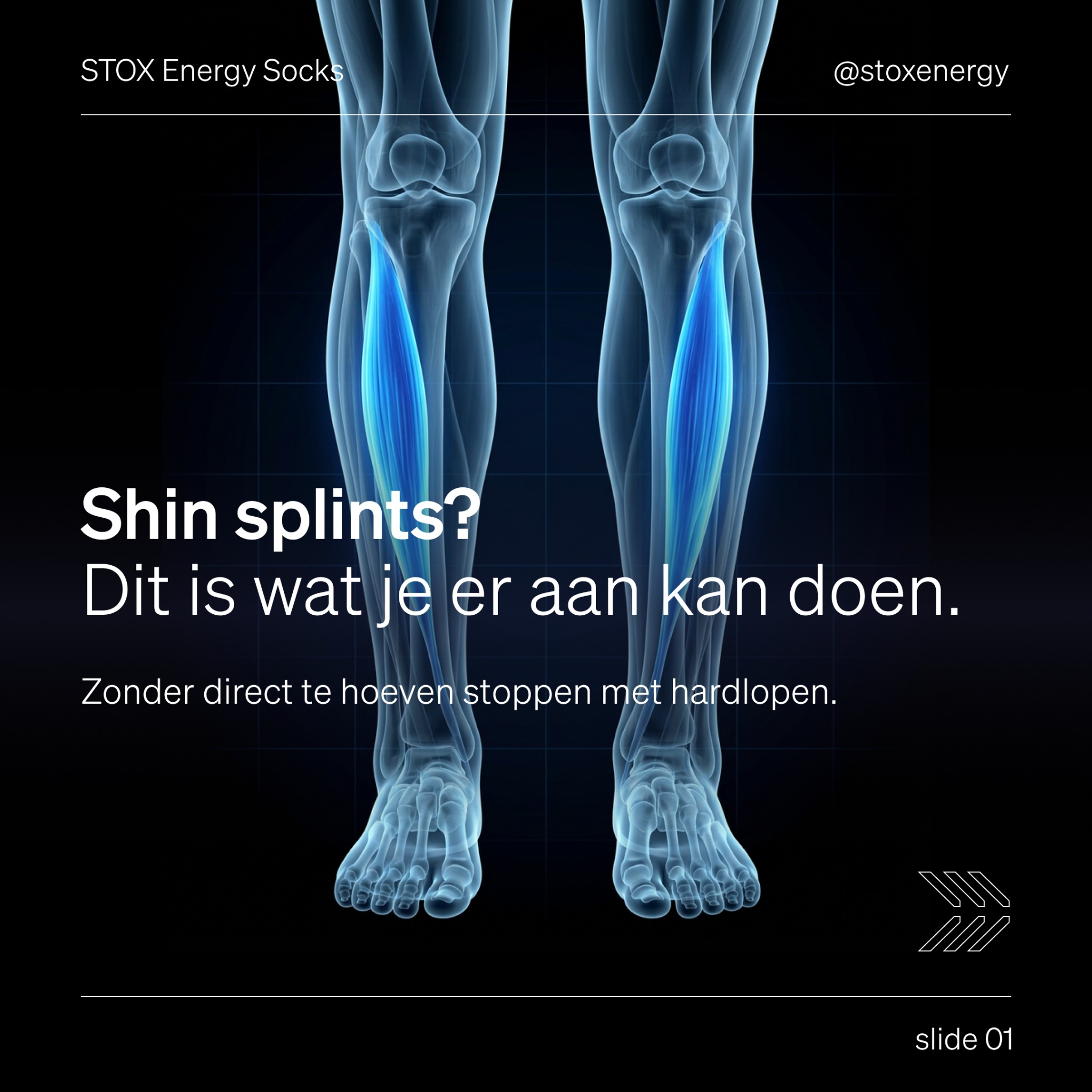 STOX Energy Socks Facebook ad: Voorkom blessures en spierpijn met STOX Energy Socks.