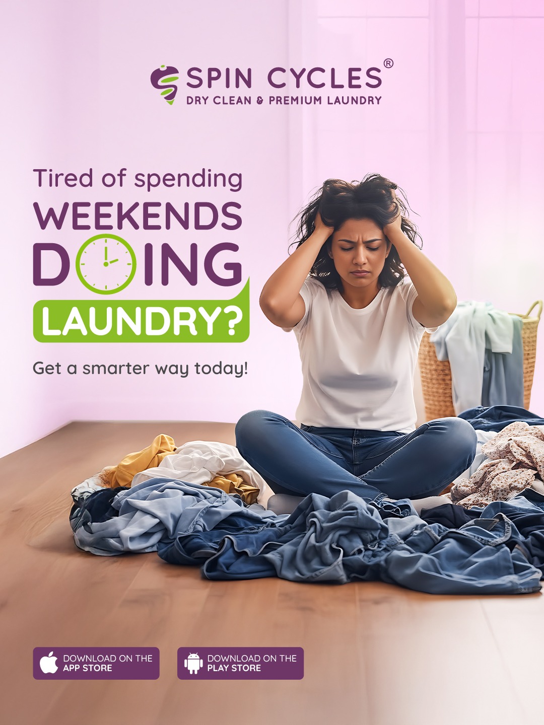 Spin Cycles Laundry Solutions Facebook ad: Download the Spin Cycles App, Your Laundry, Our Care