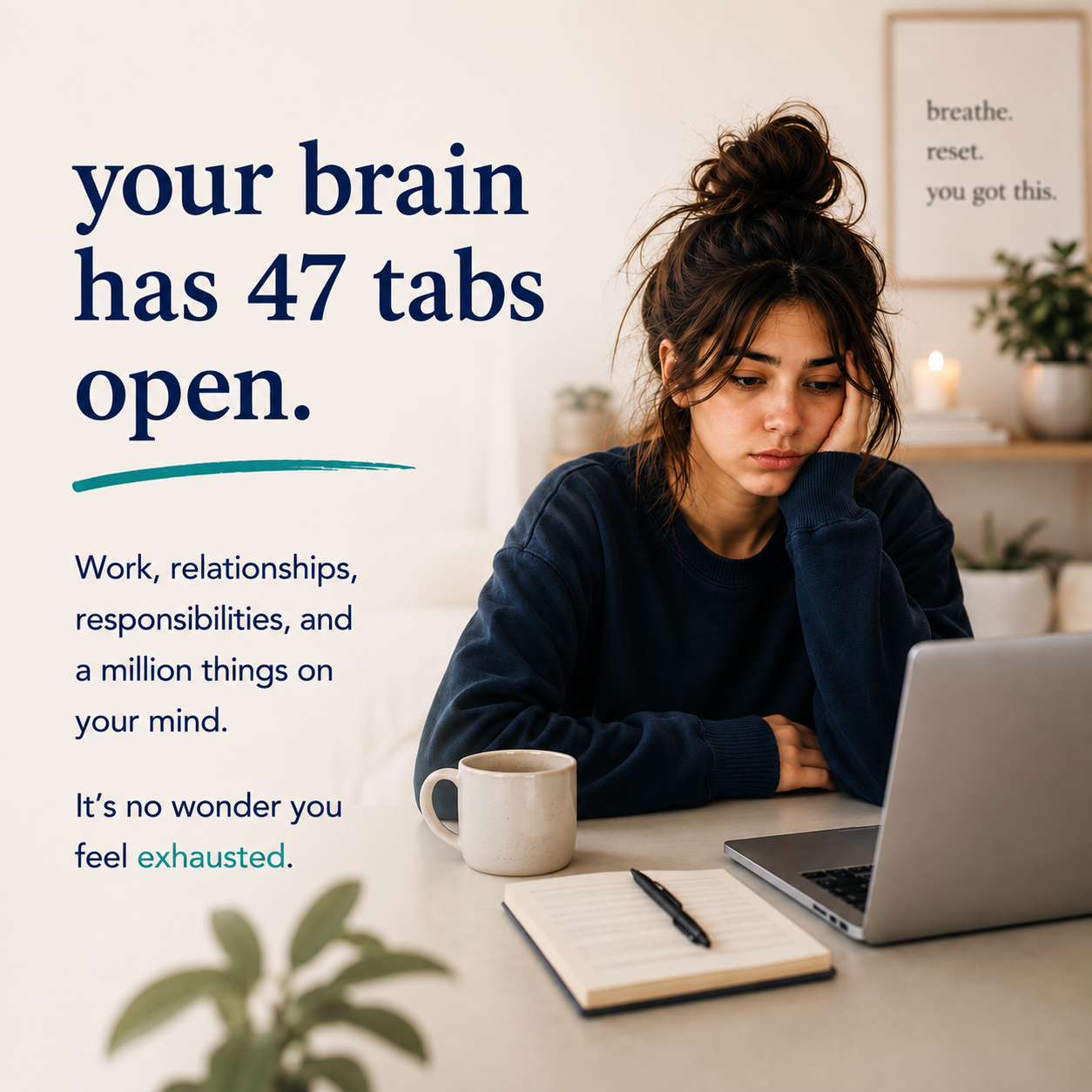 Blue Oak Counseling Services Facebook ad: Your brain has 47 tabs open.