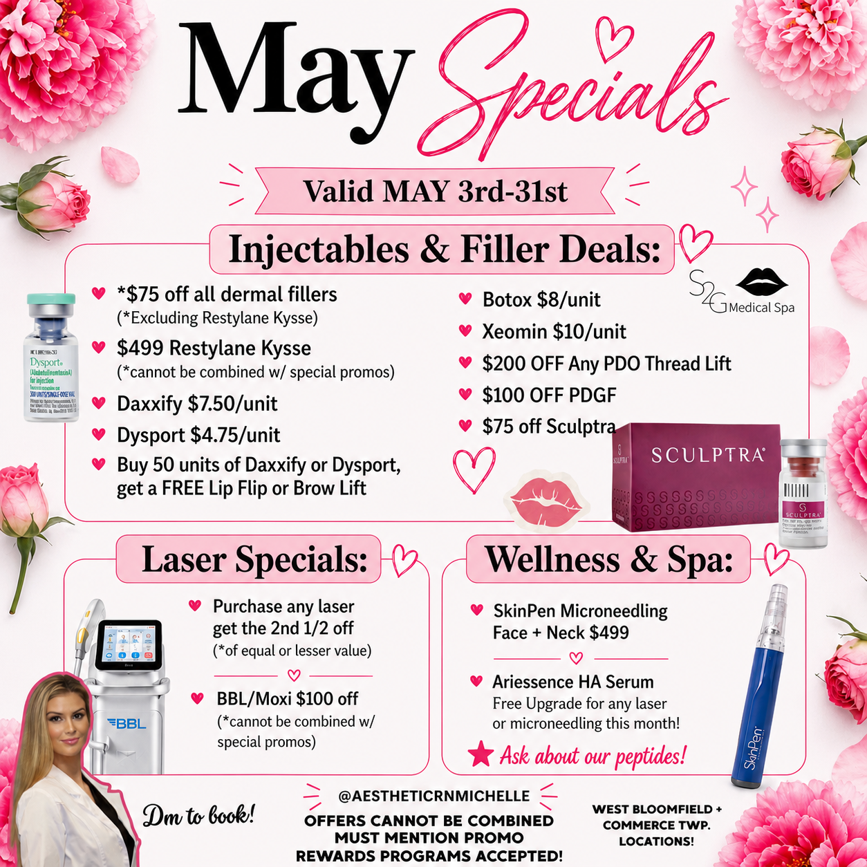 Michelle RN, LE Facebook ad: May Specials are officially live! Think: glowy skin…