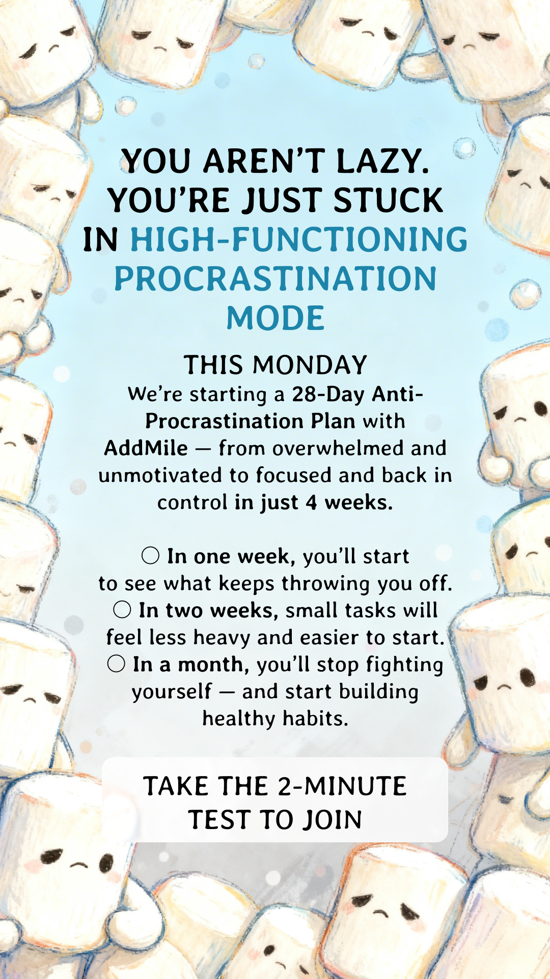 Laura from AddMile Facebook ad: Stop Letting Procrastination Control Your Day