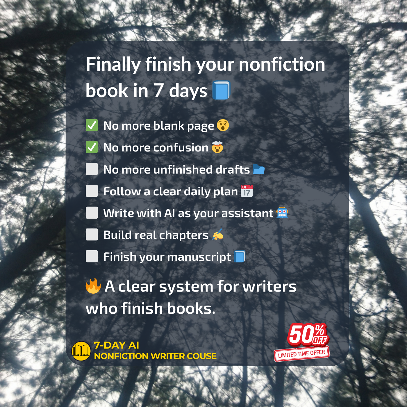7 Day AI Writer Facebook ad: Finally Finish Your Nonfiction Book in 7 Days