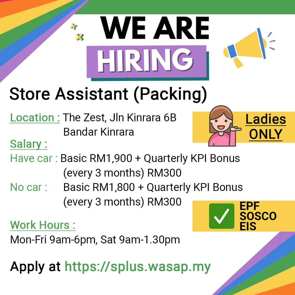 Job / Kerja Vacancy - Bandar Kinrara, Bukit Jalil, Puncak Jalil, Puchong Facebook ad: WE ARE HIRING FOR STORE ASSISTANT (RM2K)