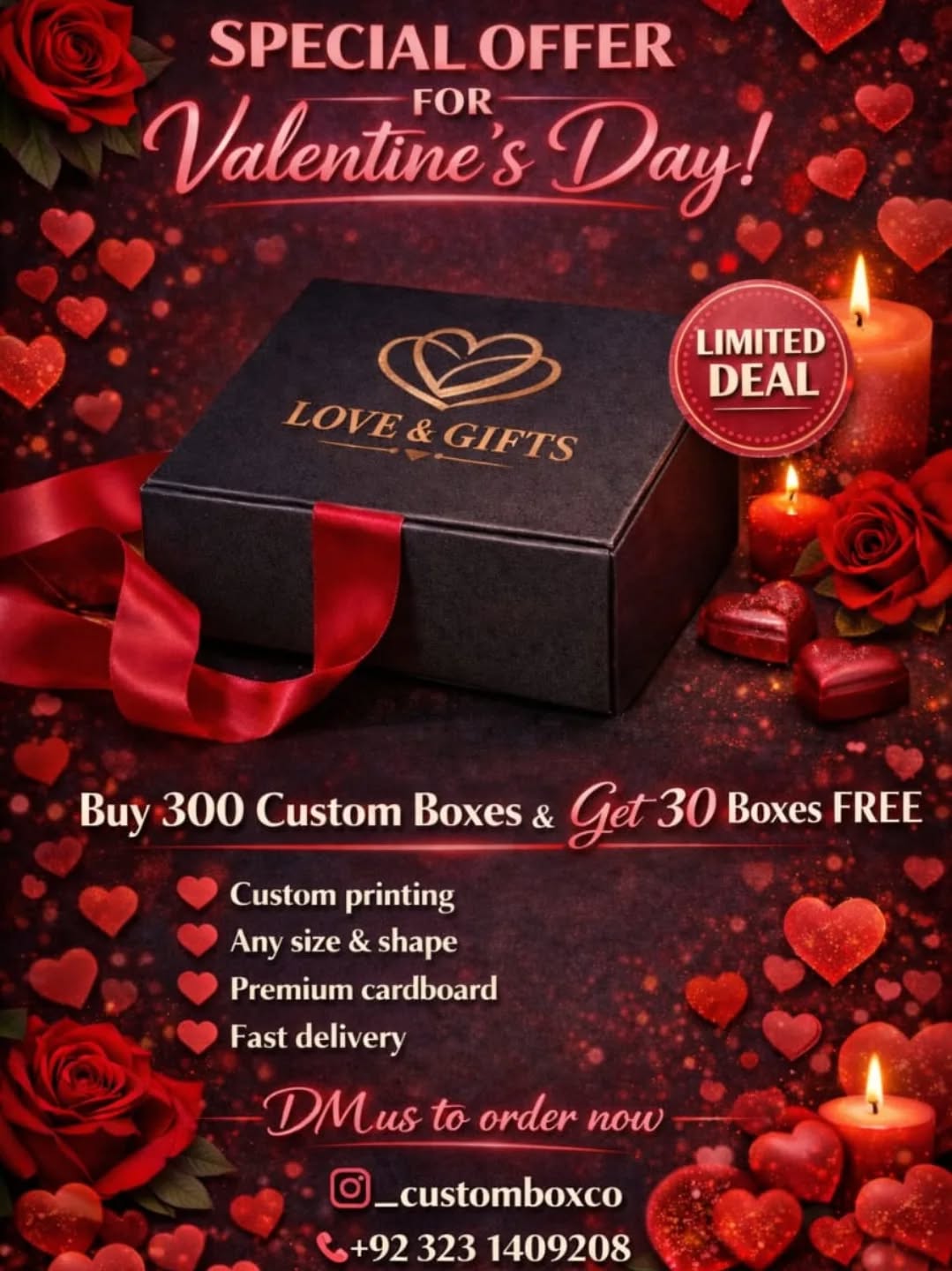 Customboxco Facebook ad: Because love deserves beautiful packaging