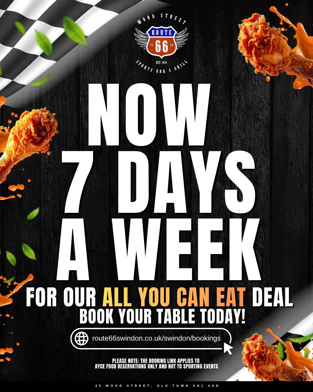 Route 66 Swindon Facebook ad: All You Can Eat Wings - £13.95pp. Every Day.