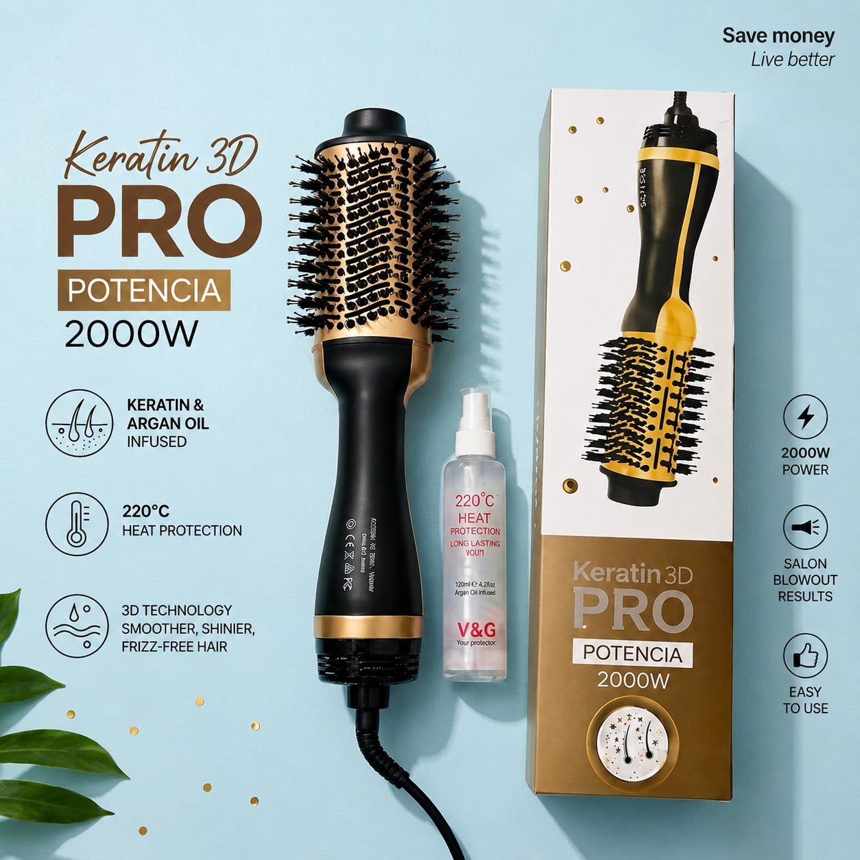 Glowvera Facebook ad: Keratin 3D Pro, 2000W One-Step Dryer & Styler