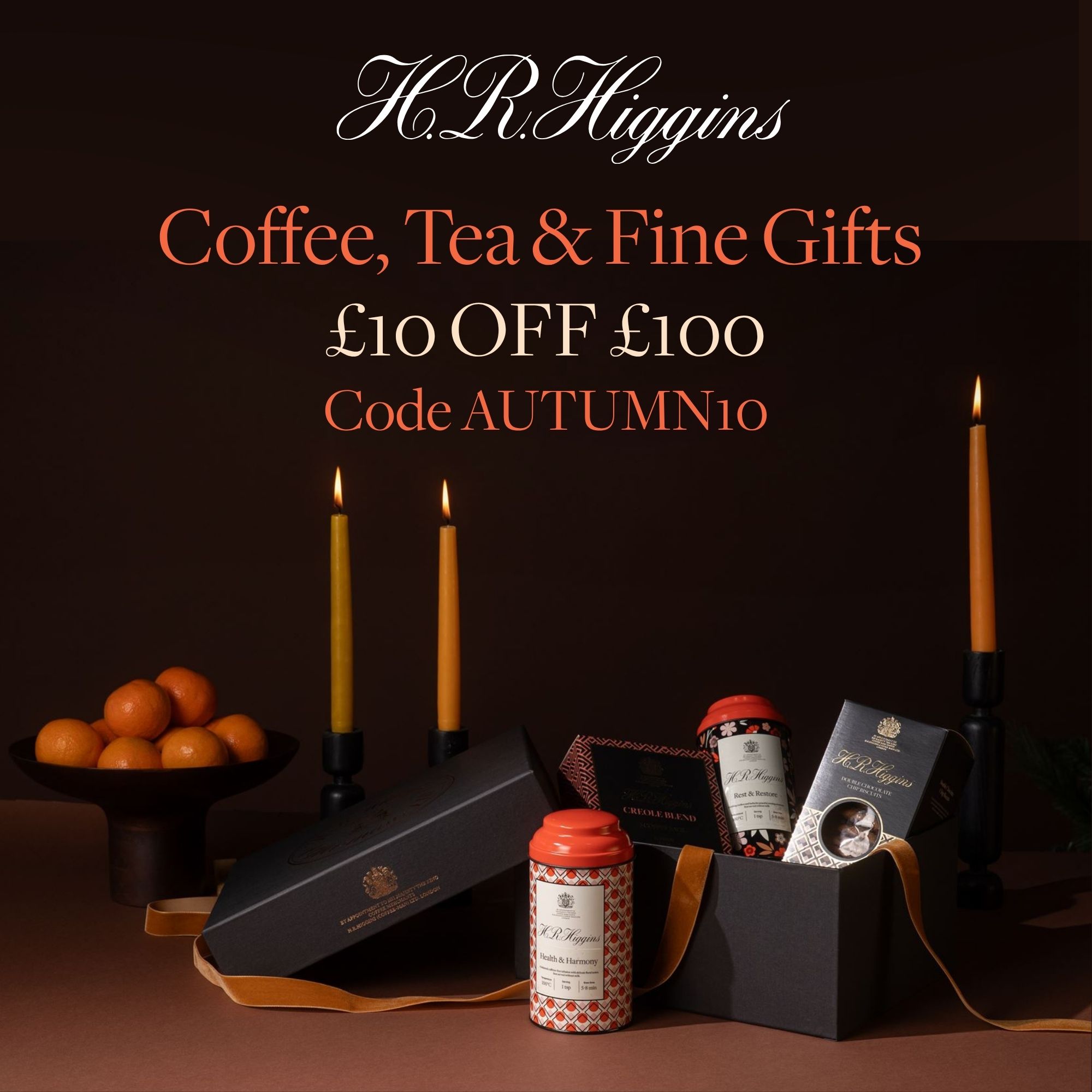 H.R.Higgins Facebook ad: £10 Off Coffee, Tea & Fine Gifts