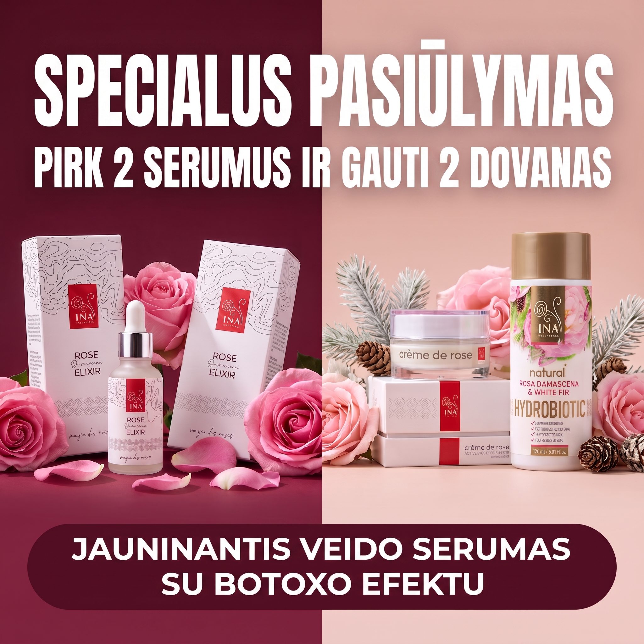 Šeimos Organinė Kosmetika - InaEssentials.lt Facebook ad: Pirk 2 serumus Rose Elixir, kremą ir Hydrobiotic dovanų
