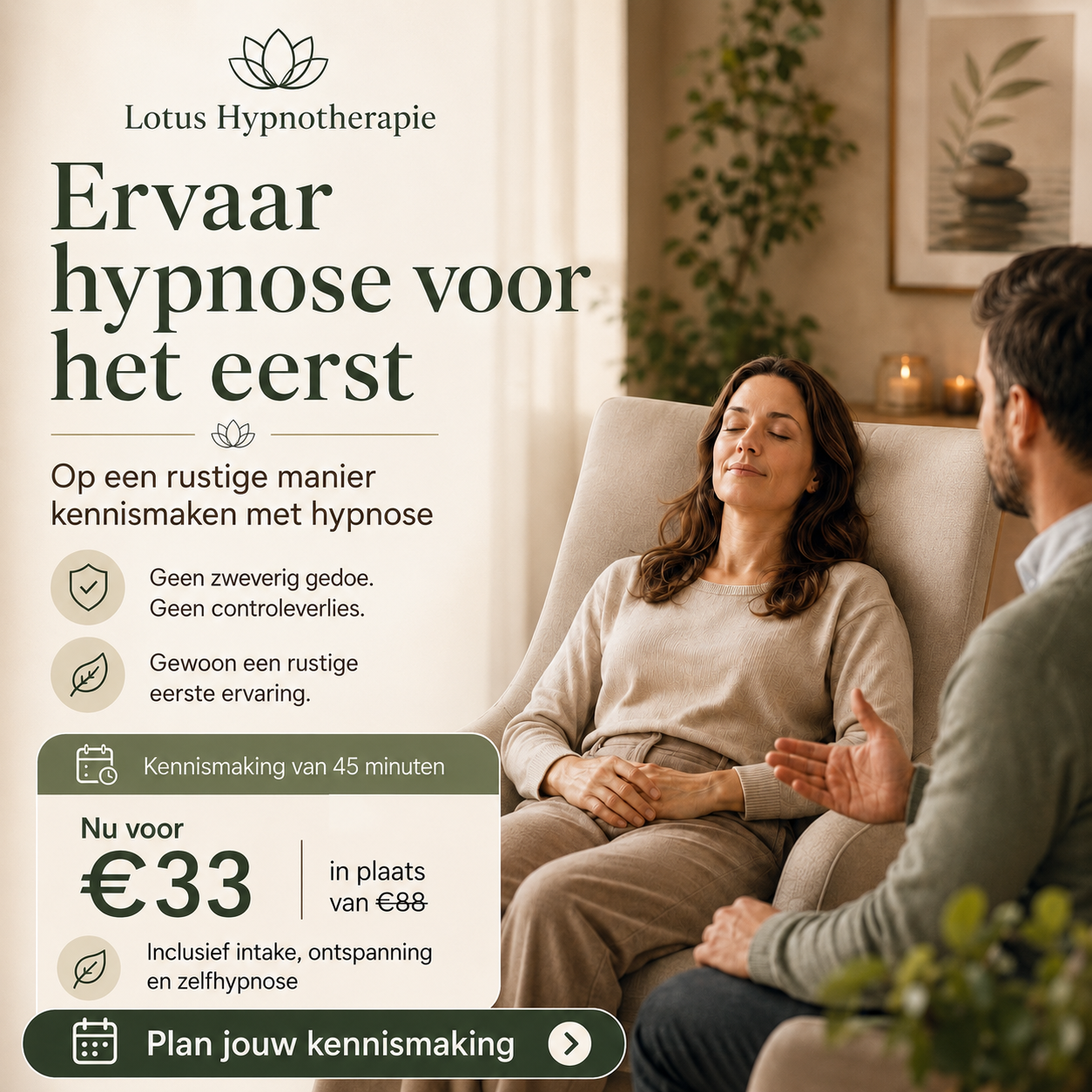 Lotus Hypnotherapie Facebook ad: Benieuwd naar hypnose, maar vind je het ook een beetje…