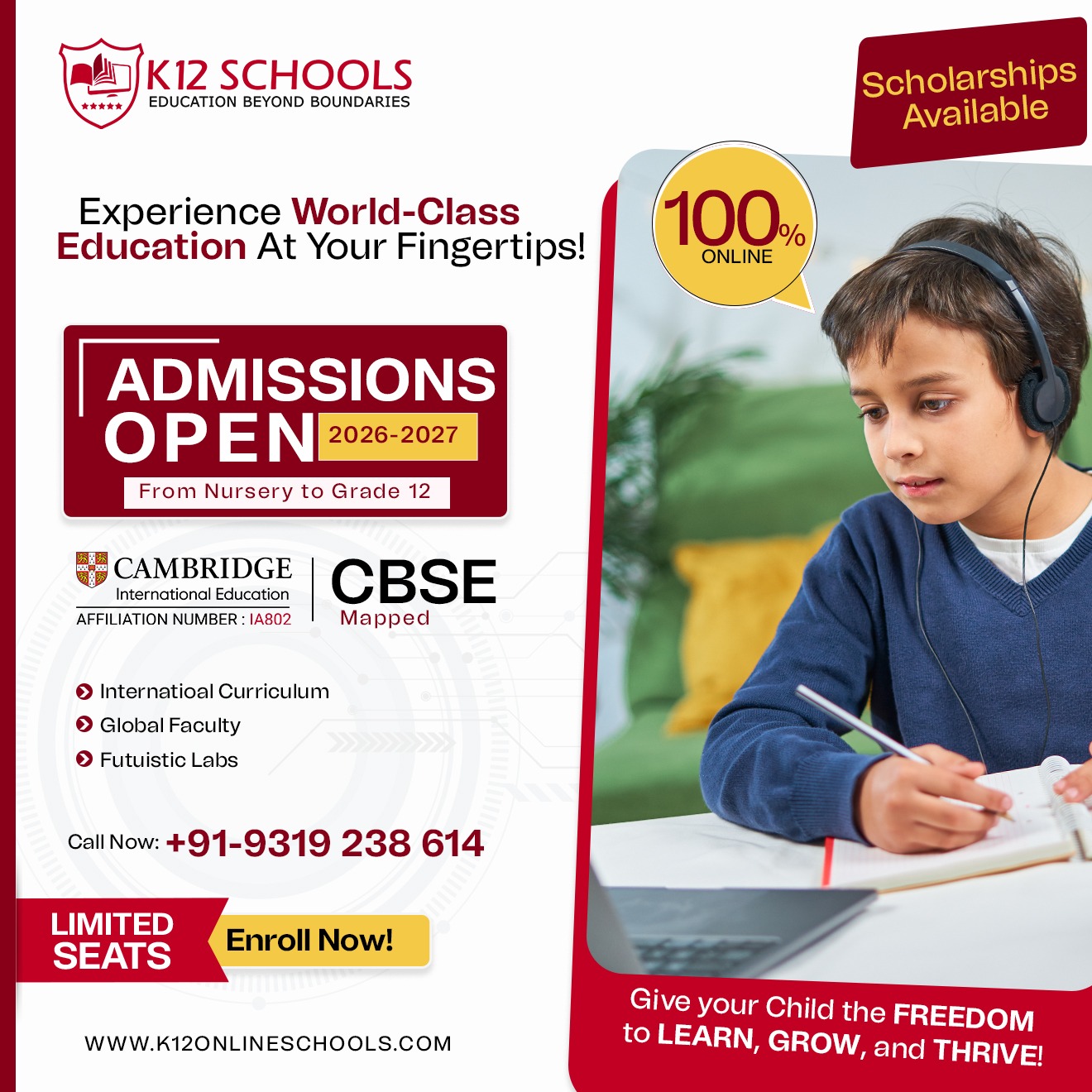 K12 Schools Facebook ad: Admissions Open | 100% Online School