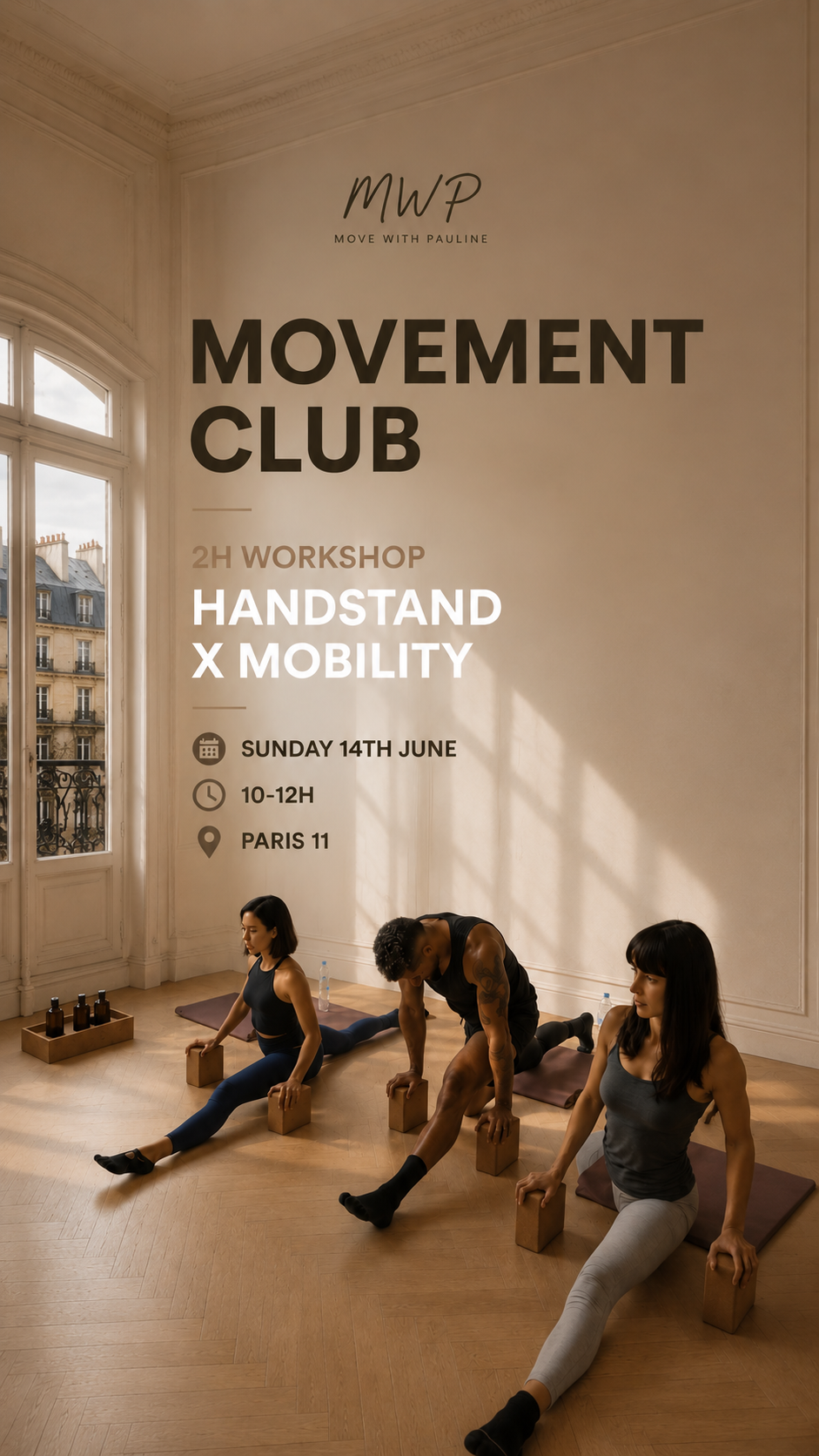 Move With Pauline Facebook ad: Handstand & Mobility Workshop, Paris