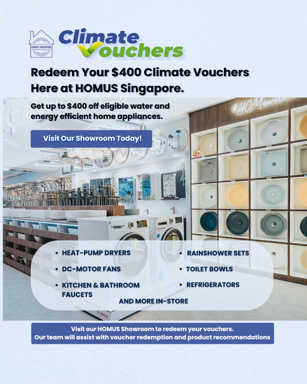 Homus Singapore - Bathroom Fixtures & Kitchen Supplies Facebook ad: Redeem Your $400 Climate Voucher Here