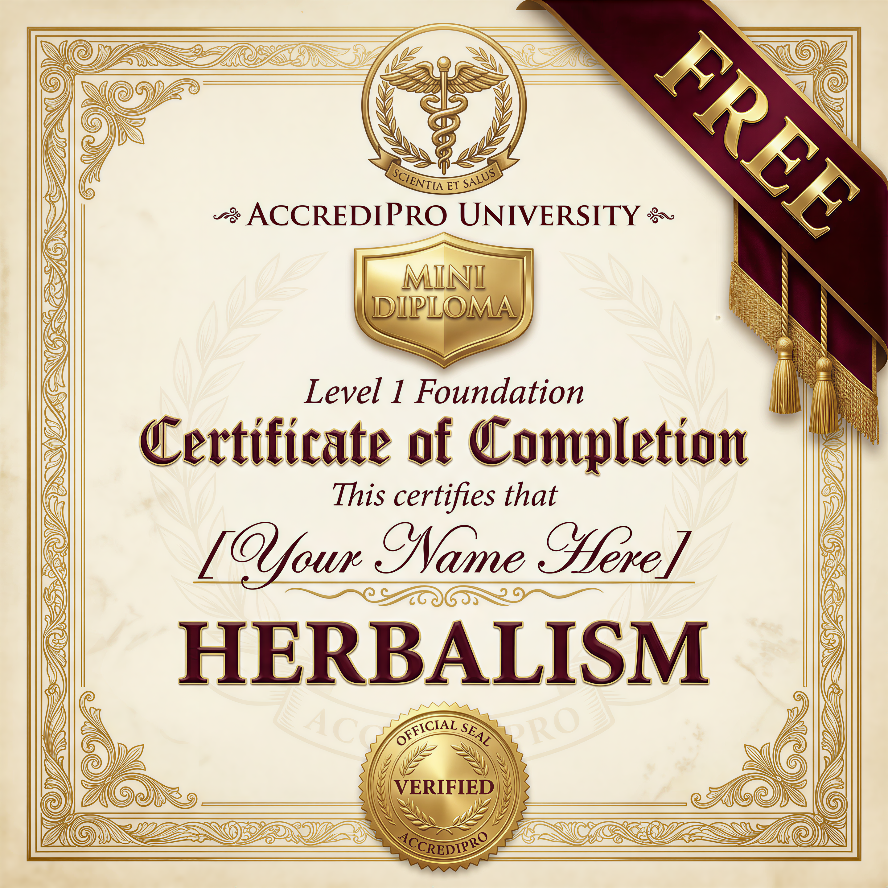 AccrediPro University Facebook ad: Free Herbalism Certification, $0 Today