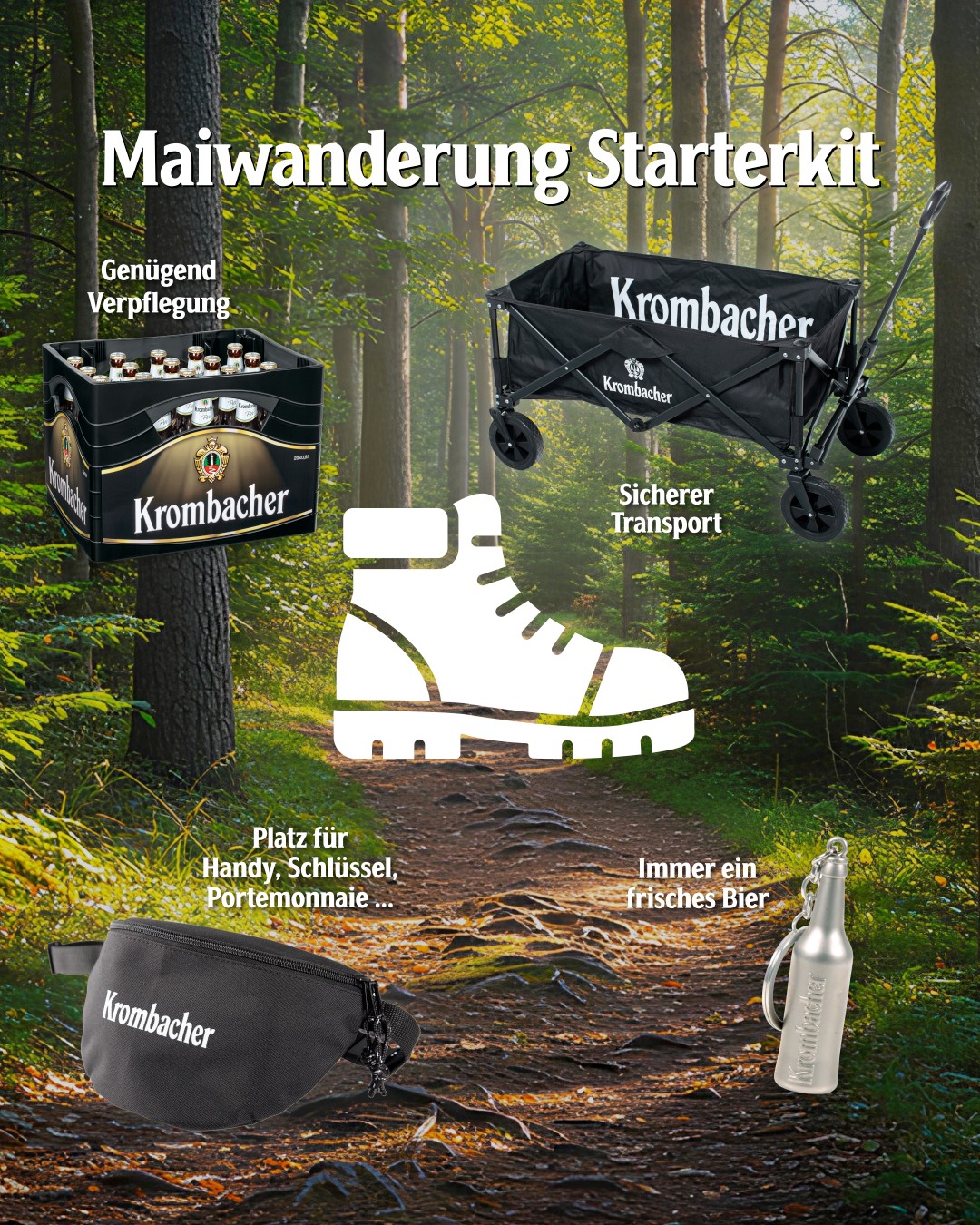 Krombacher Facebook ad: Leichtes Gepäck, Muskelkater (morgen) inklusive.