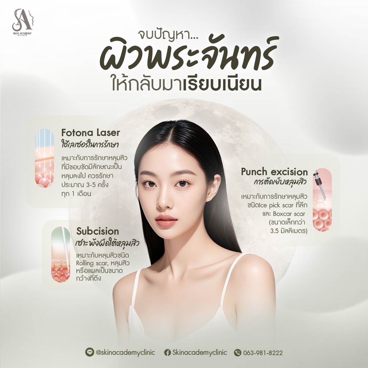 Skinacademyclinic Facebook ad: ผิวหลุมสิว.กลับมาเรียบเนียน