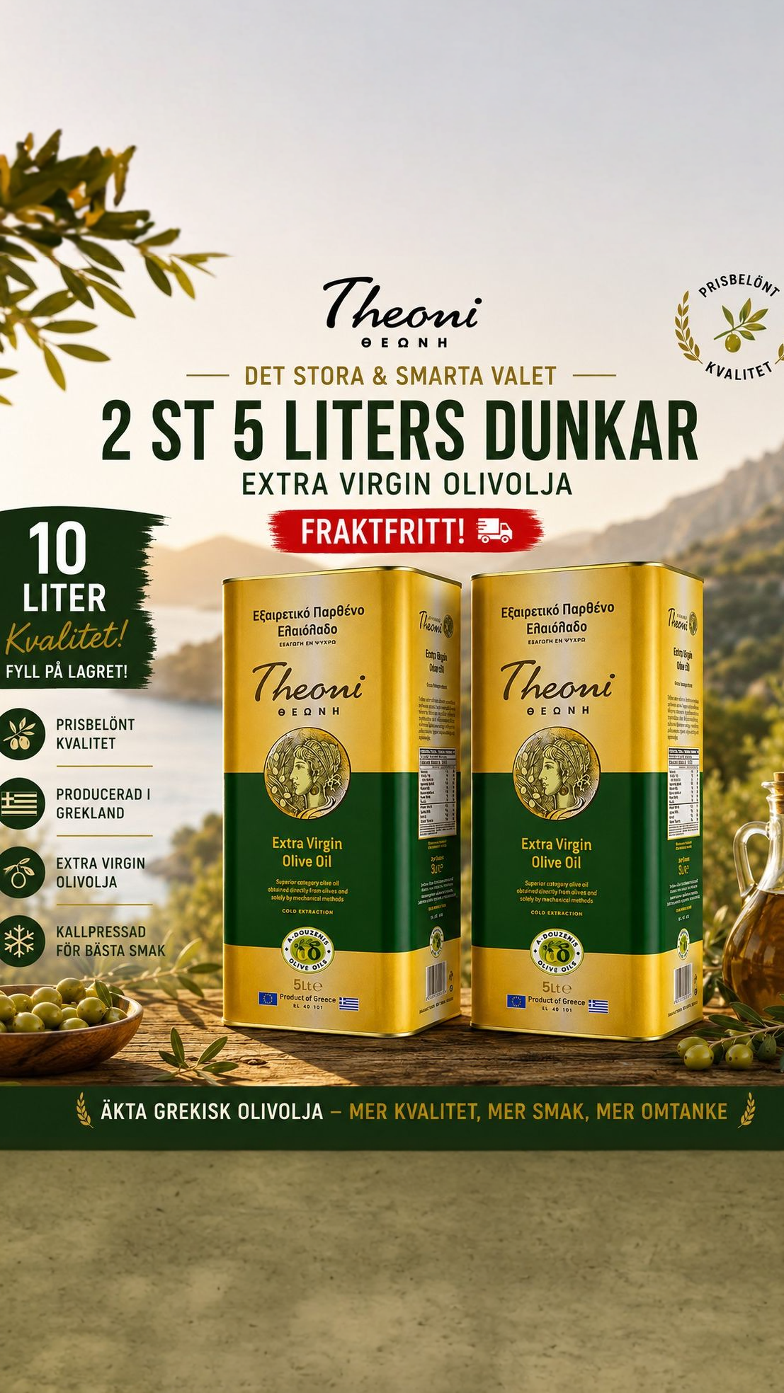 En del av Grekland Facebook ad: 10 liter äkta grekisk extra virgin olivolja