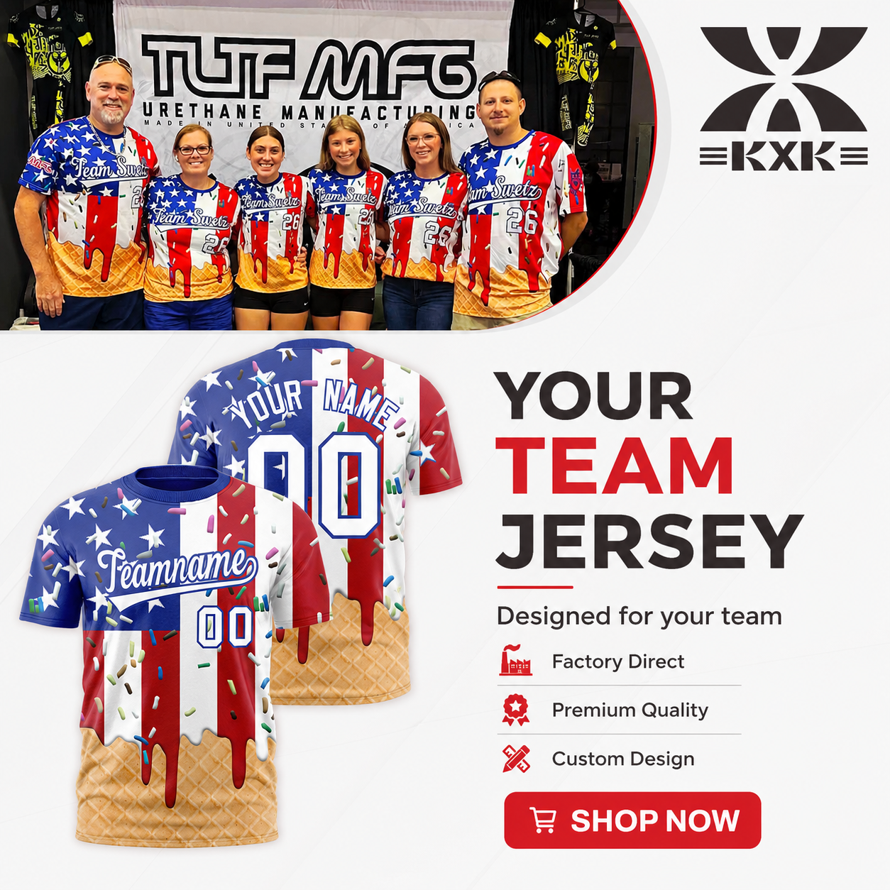 KXK Custom Jerseys Facebook ad: Custom Shirts For Your Team