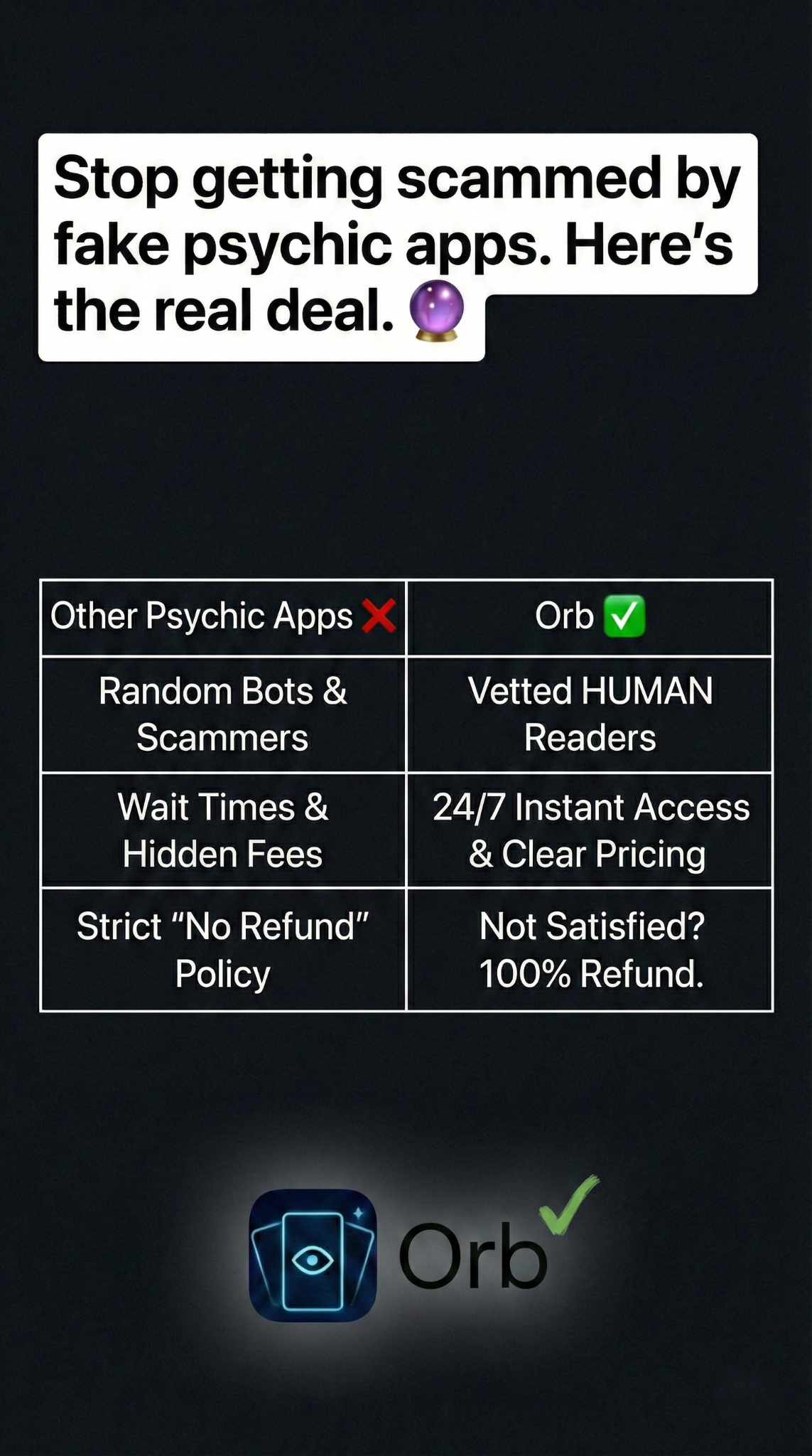 Orb: Live Psychic Chat & Tarot Facebook ad from Apr 10, 2026
