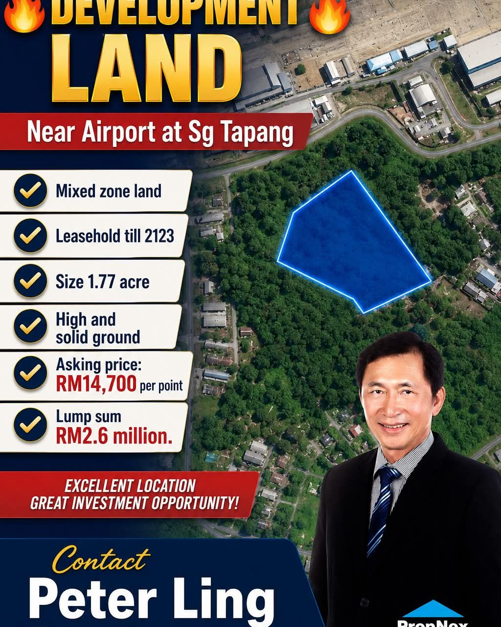 Peter Ling Facebook ad: DEVELOPMENT LAND Near Airport at Sg Tapang
