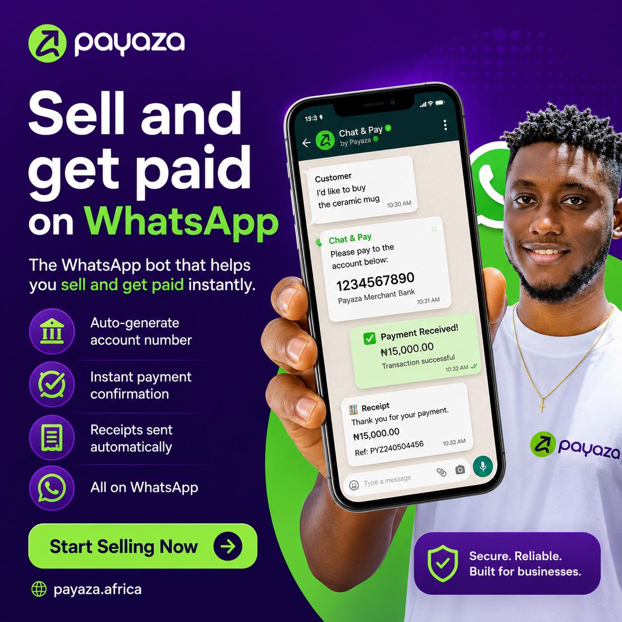 Payaza Africa Limited Facebook ad: Sell & Get Paid on WhatsApp