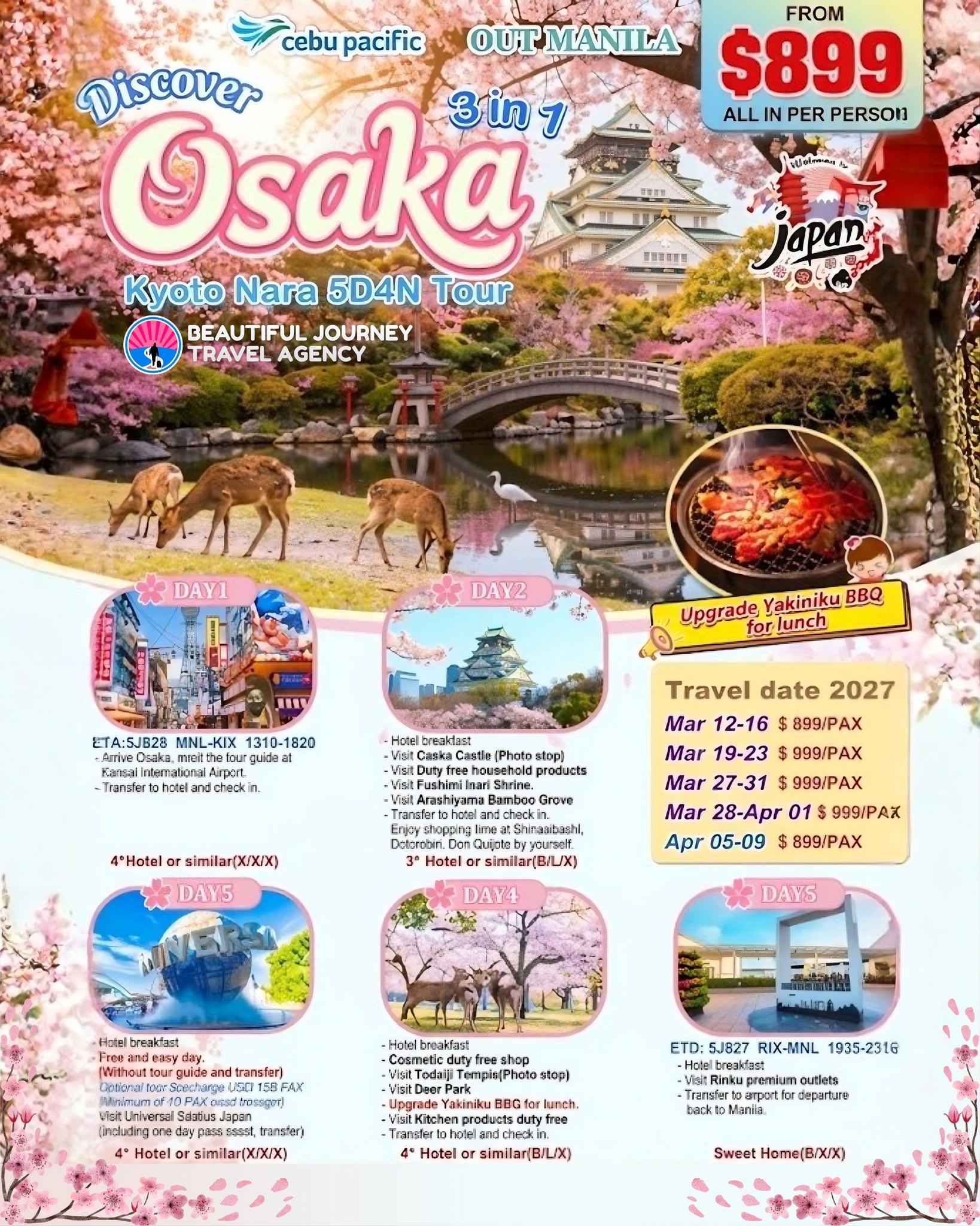 Beautiful Journey Travel Agency Facebook ad: 𝐃𝐈𝐒𝐂𝐎𝐕𝐄𝐑 𝐎𝐒𝐀𝐊𝐀 𝟑-𝐈𝐍-𝟏 𝟓𝐃𝟒𝐍…