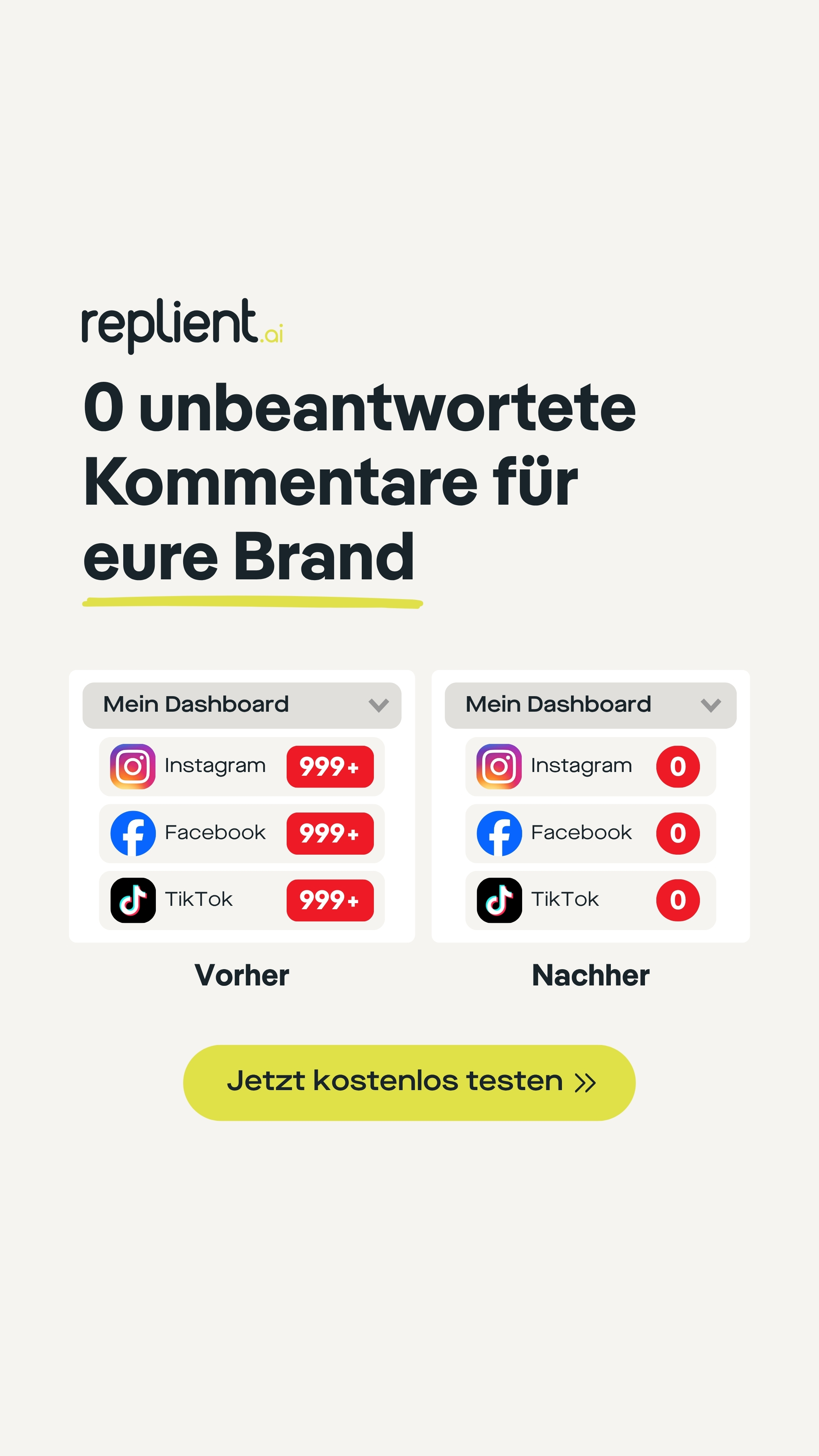 replient.ai Facebook ad: Keine negativen Kommentare oder Spam mehr