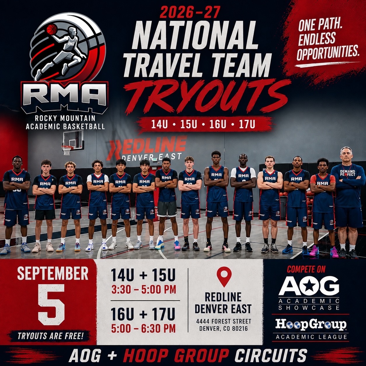 Redline Athletics Denver East Facebook ad: COLLEGE BOUND BALLERS, IT IS TIME TO SHOWCASE…