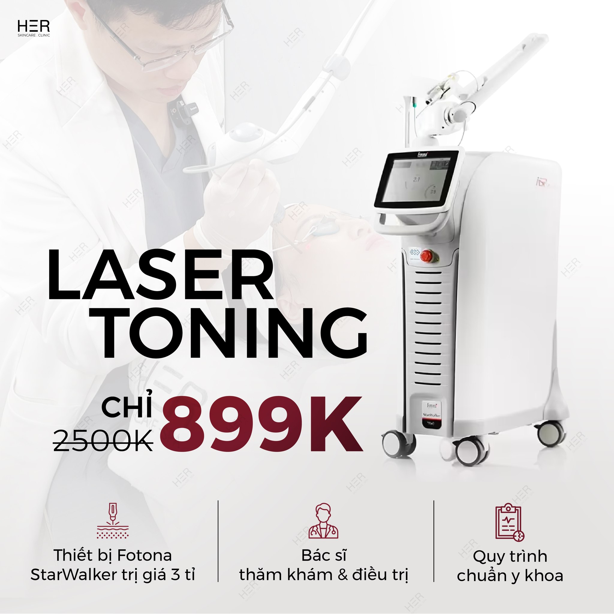 HER Premium Skincare Facebook ad: LASER TONING 899K: SẠCH THÂM SẠM, SÁNG DA…