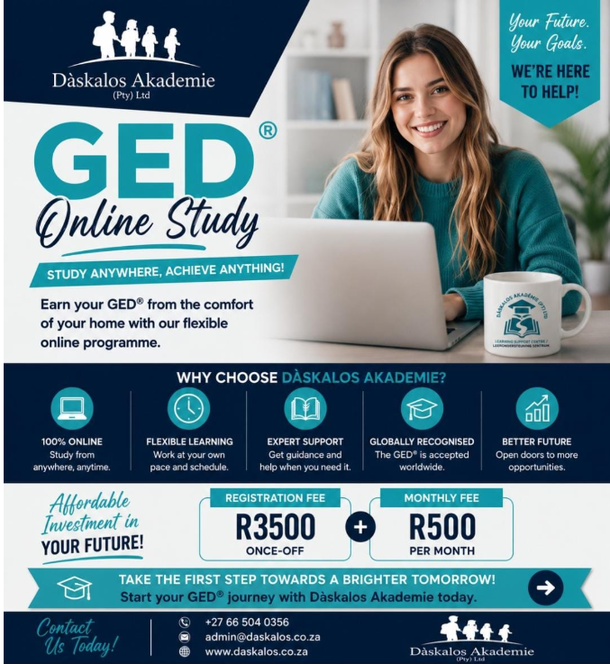 Dàskalos Akademie Leerondersteuning Sentrum / Learning Support Centre Facebook ad: GED Prep by Dàskalos