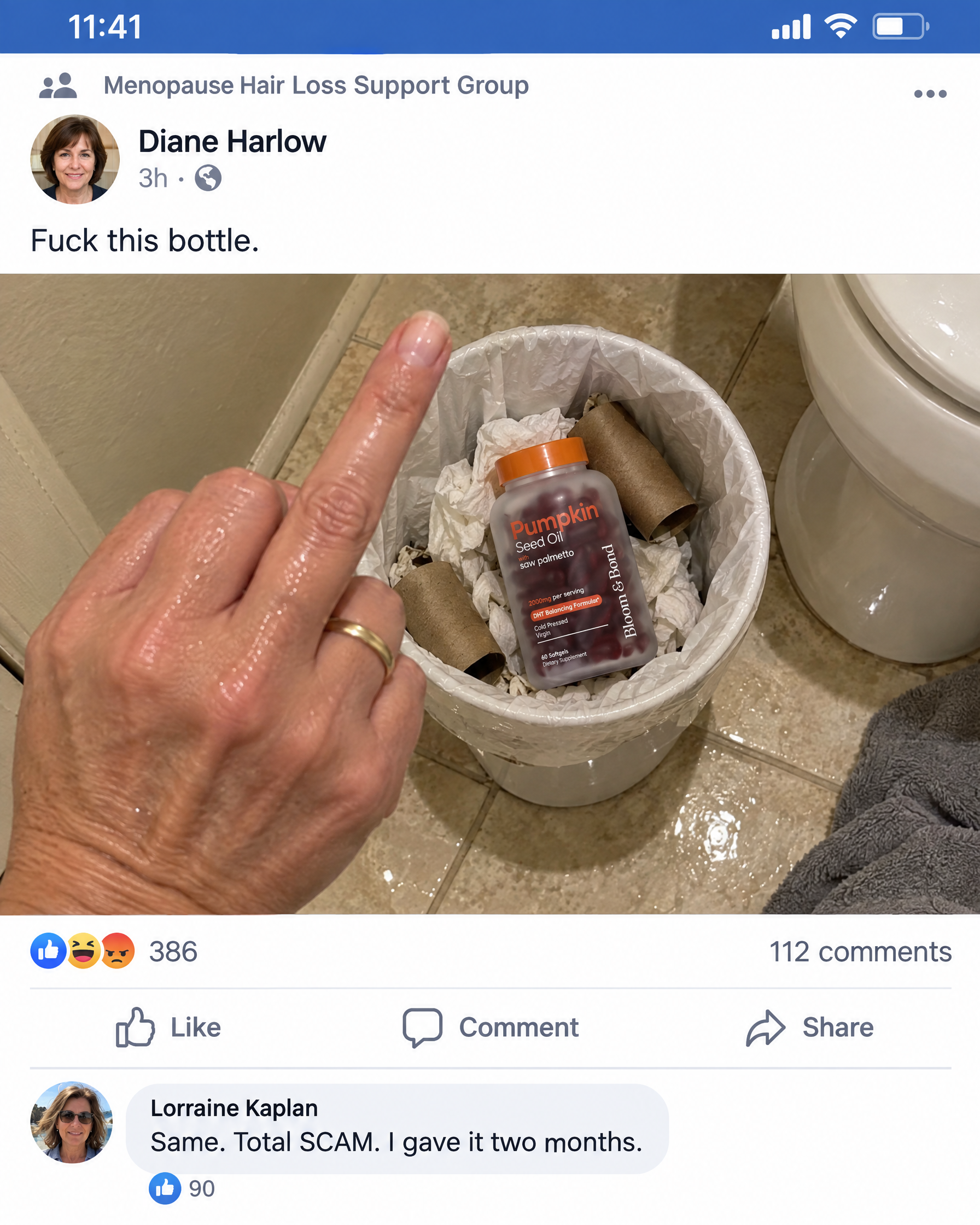 Susan Smith Facebook ad: 274 hairs in my drain at week six. I quit. I was WRONG.