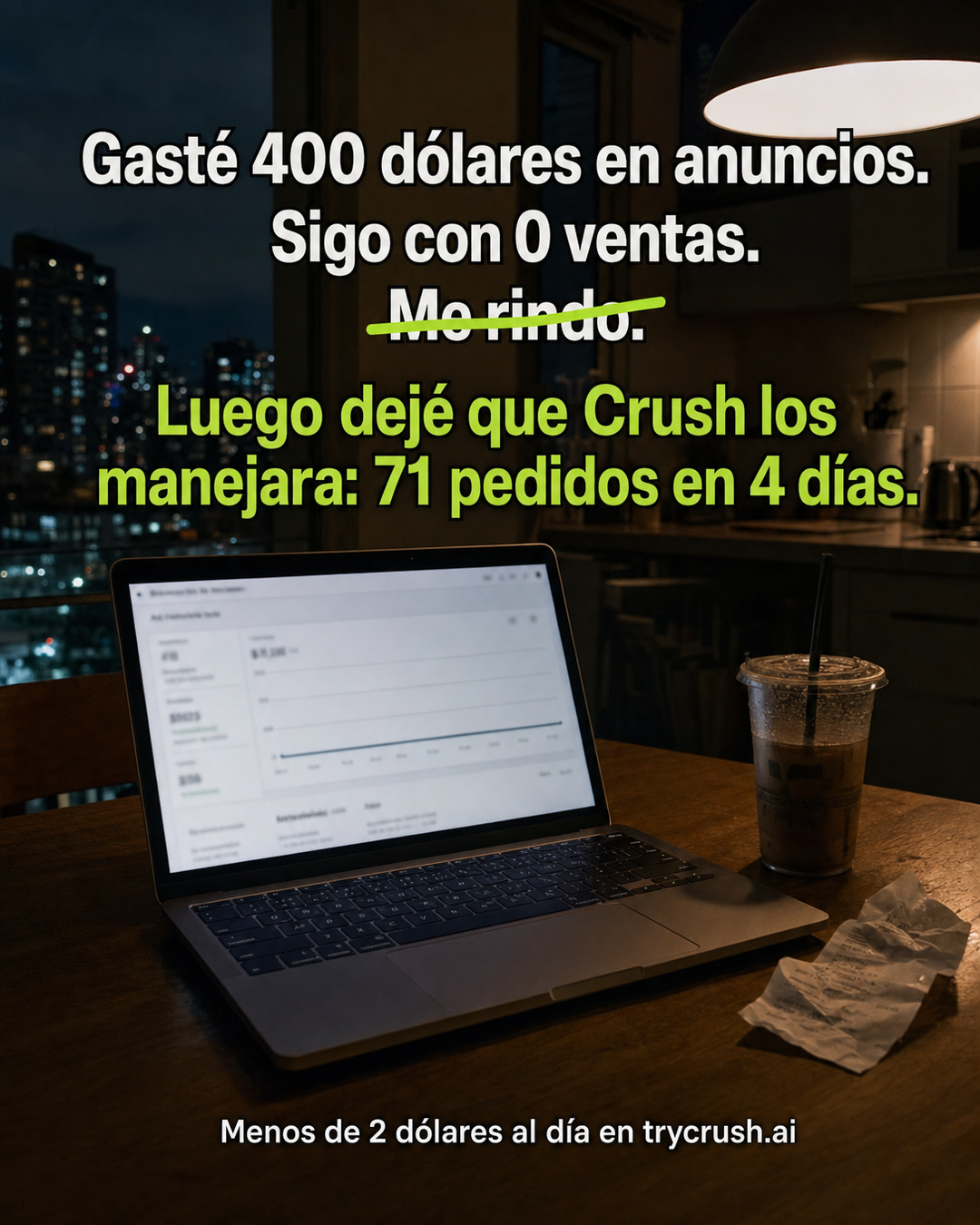trycrush.ai Facebook ad: Gasté 400 dólares en anuncios. Sigo con 0 ventas.