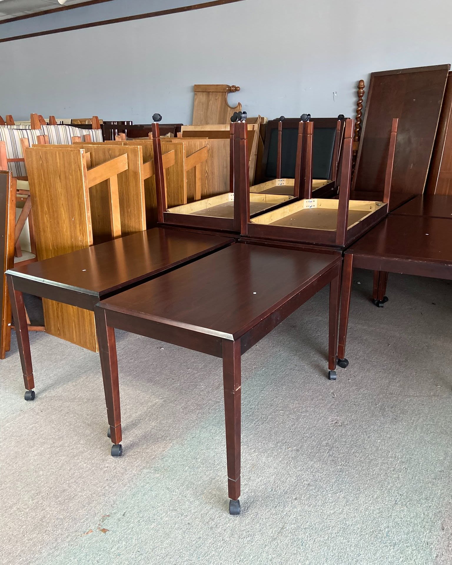 Stan Williams Facebook ad: Wood Tables $39 each 48' x 28 x 31 Tall with wheels from…