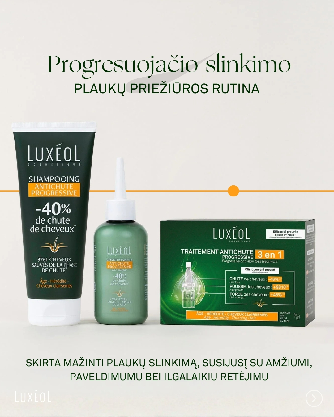 Luxéol Lietuva Facebook ad: Jei plaukai ėmė retėti dėl amžiaus ar paveldimumo…