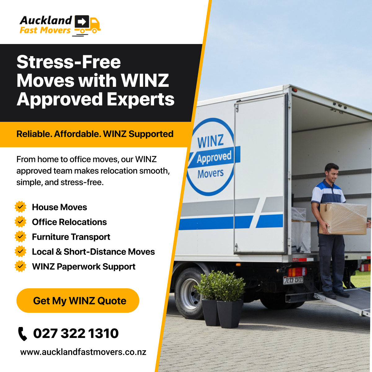 Auckland Fast Movers Facebook ad: WINZ Approved Movers in Auckland