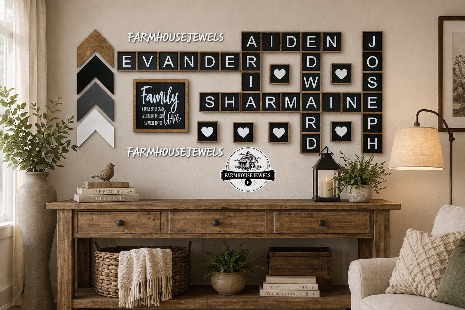 Farmhousejewels Facebook ad: The ORIGINAL Scrabble-Style Family Name Tiles