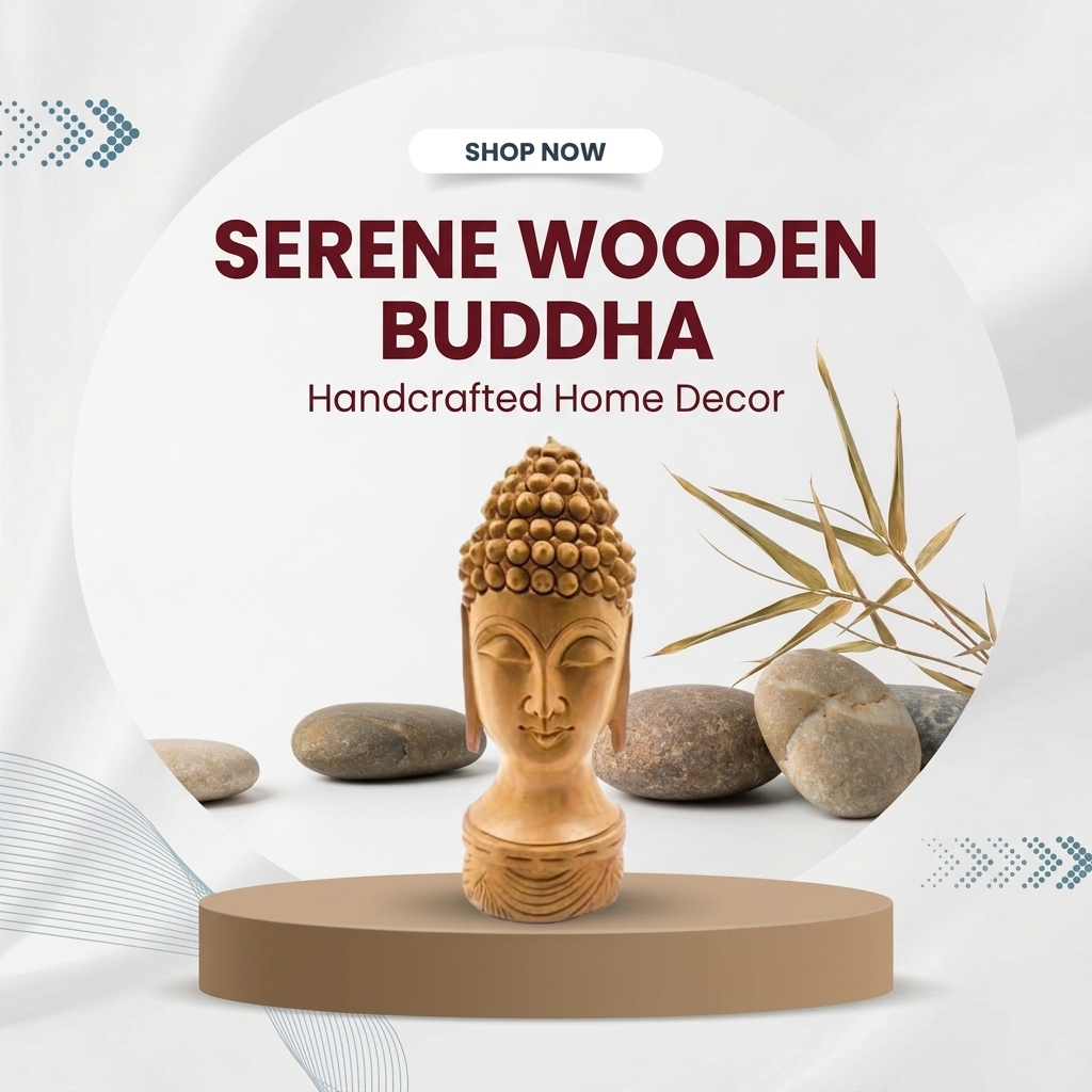 Shop Next Facebook ad: Buy Handcrafted Wooden Buddha Head Sculpture!