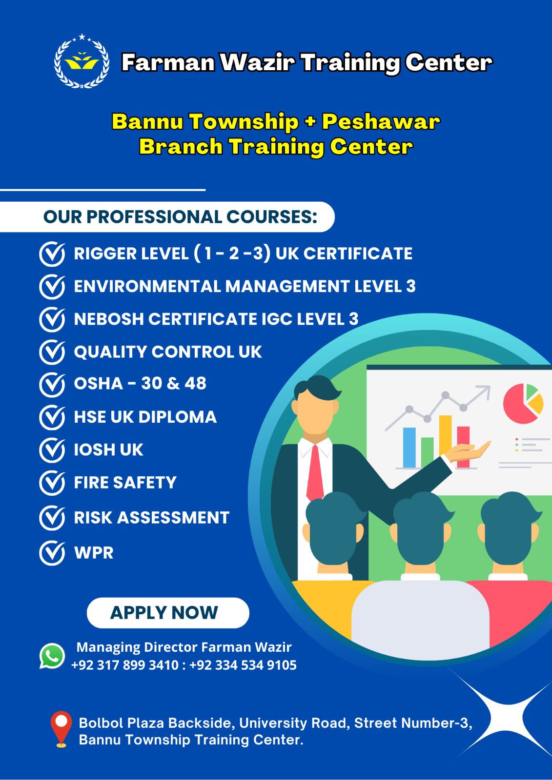 Farman Wazir Training center Facebook ad: We offer various training programs, including