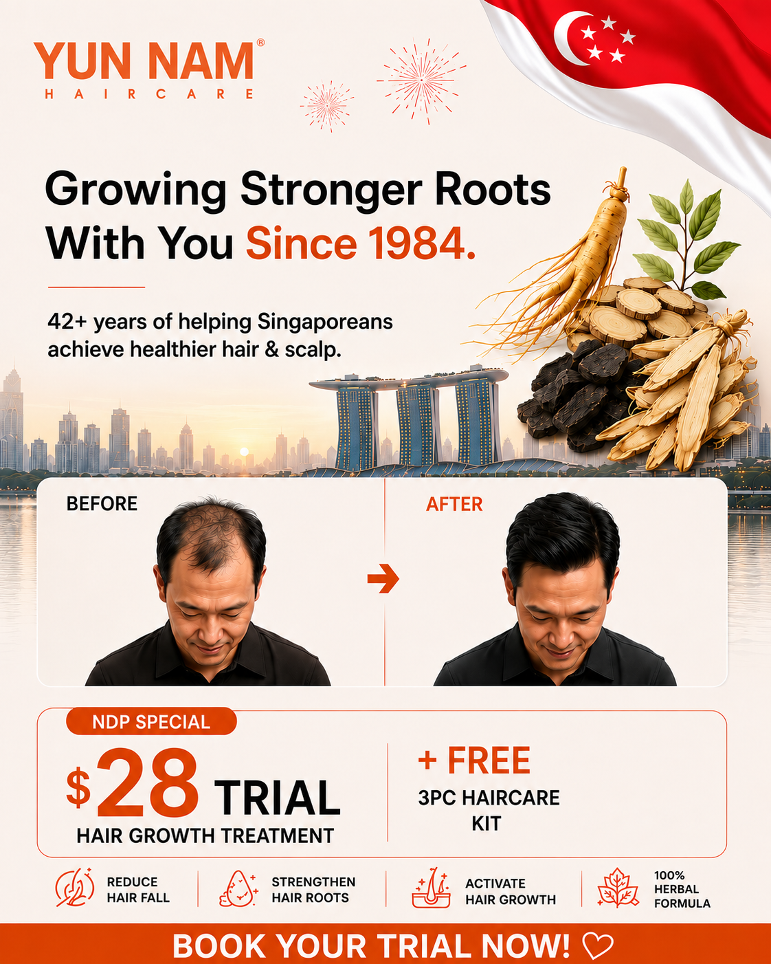 Yun Nam Hair Care Facebook ad: NDP Special: $28 Anti Hair Loss Treatment + FREE Hair Care…