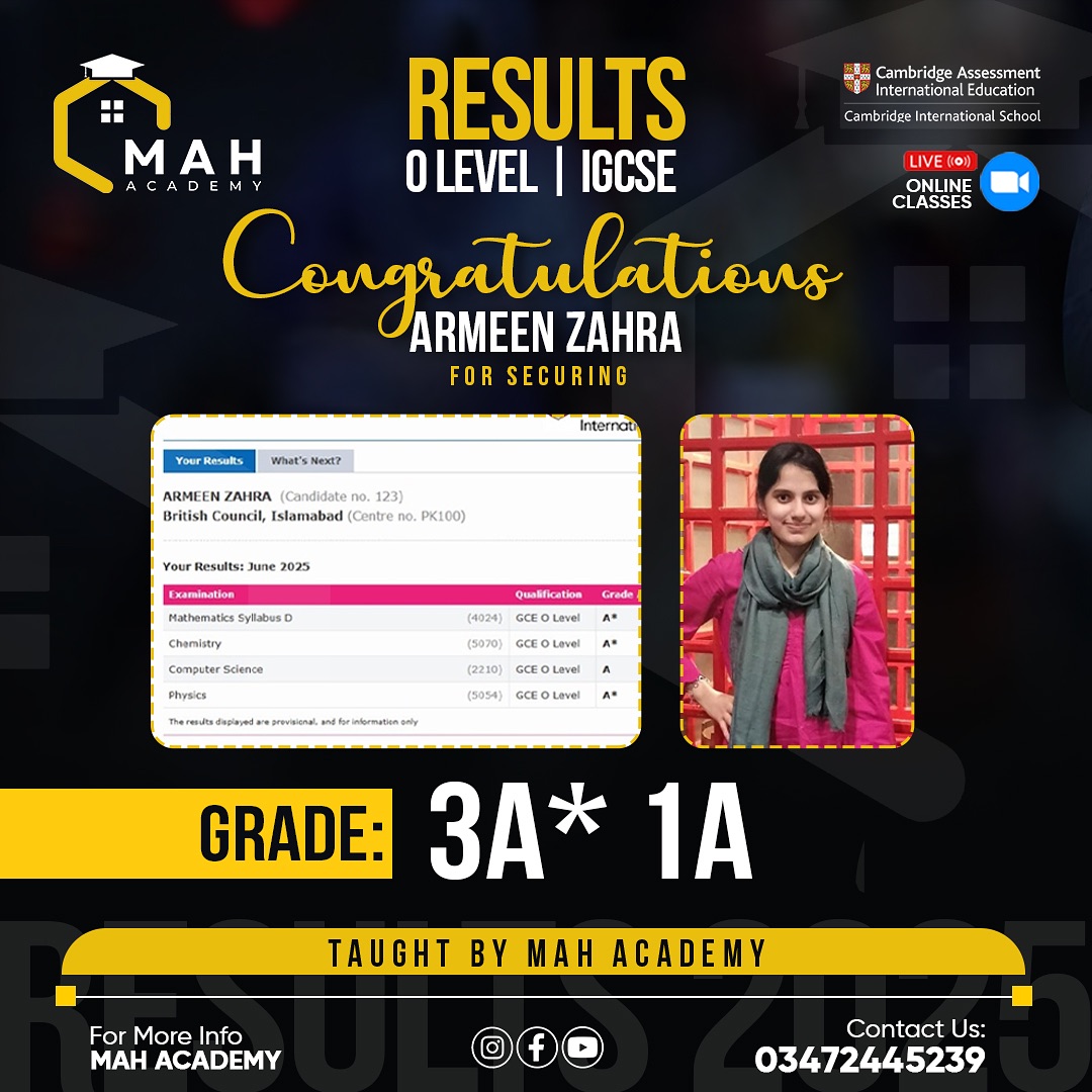MAH Academy - An Institute of O/A Levels & IGCSE - Adnan Hashmi Facebook ad: Congratulations to all students on their excellent results…