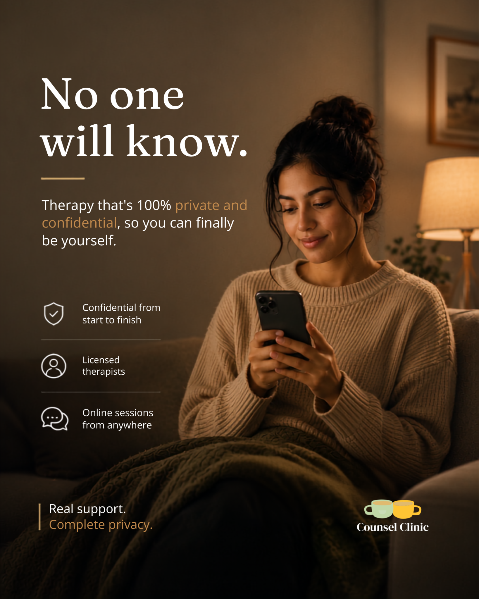 Counsel Clinic Facebook ad: 100% Private Online Therapy