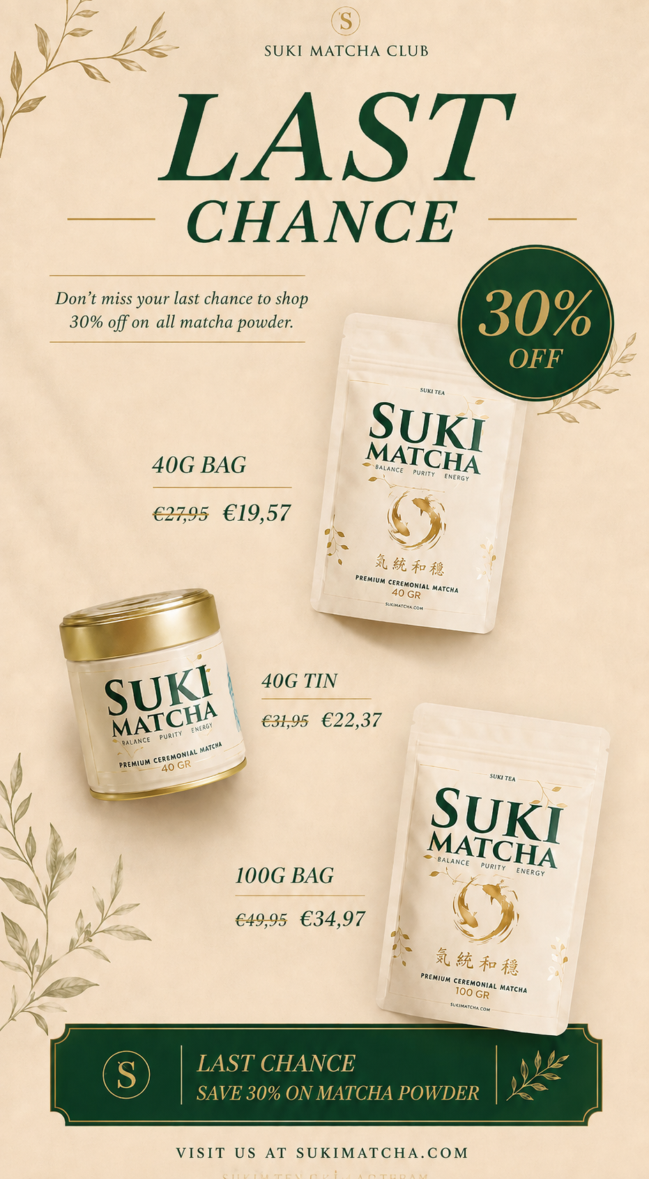 Suki Matcha Facebook ad: 30% korting op alle Matcha