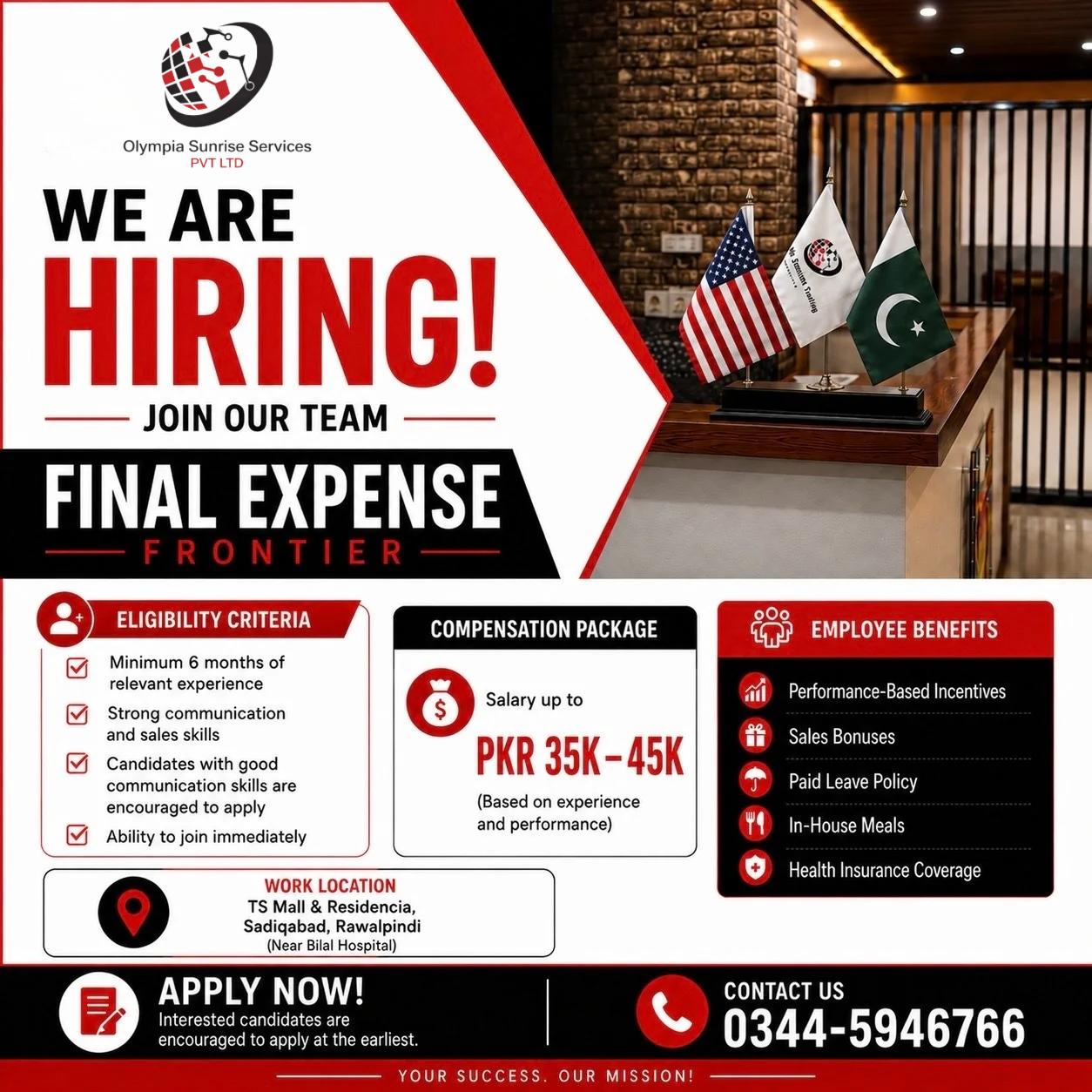 Olympia Sunrise Trading Facebook ad: WE ARE HIRING, FINAL EXPENSE FRONTIER