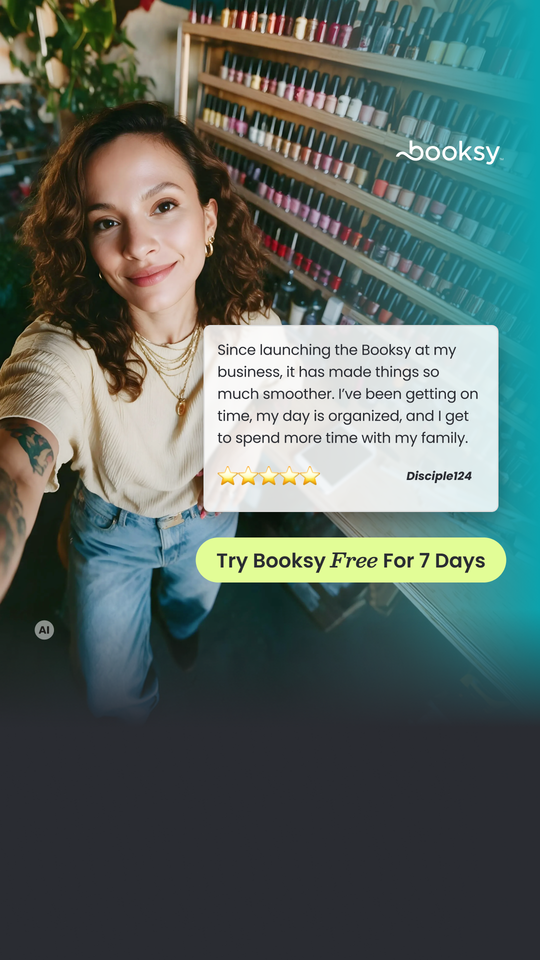 Booksy UK Facebook ad: Try Booksy FREE for 7 days.