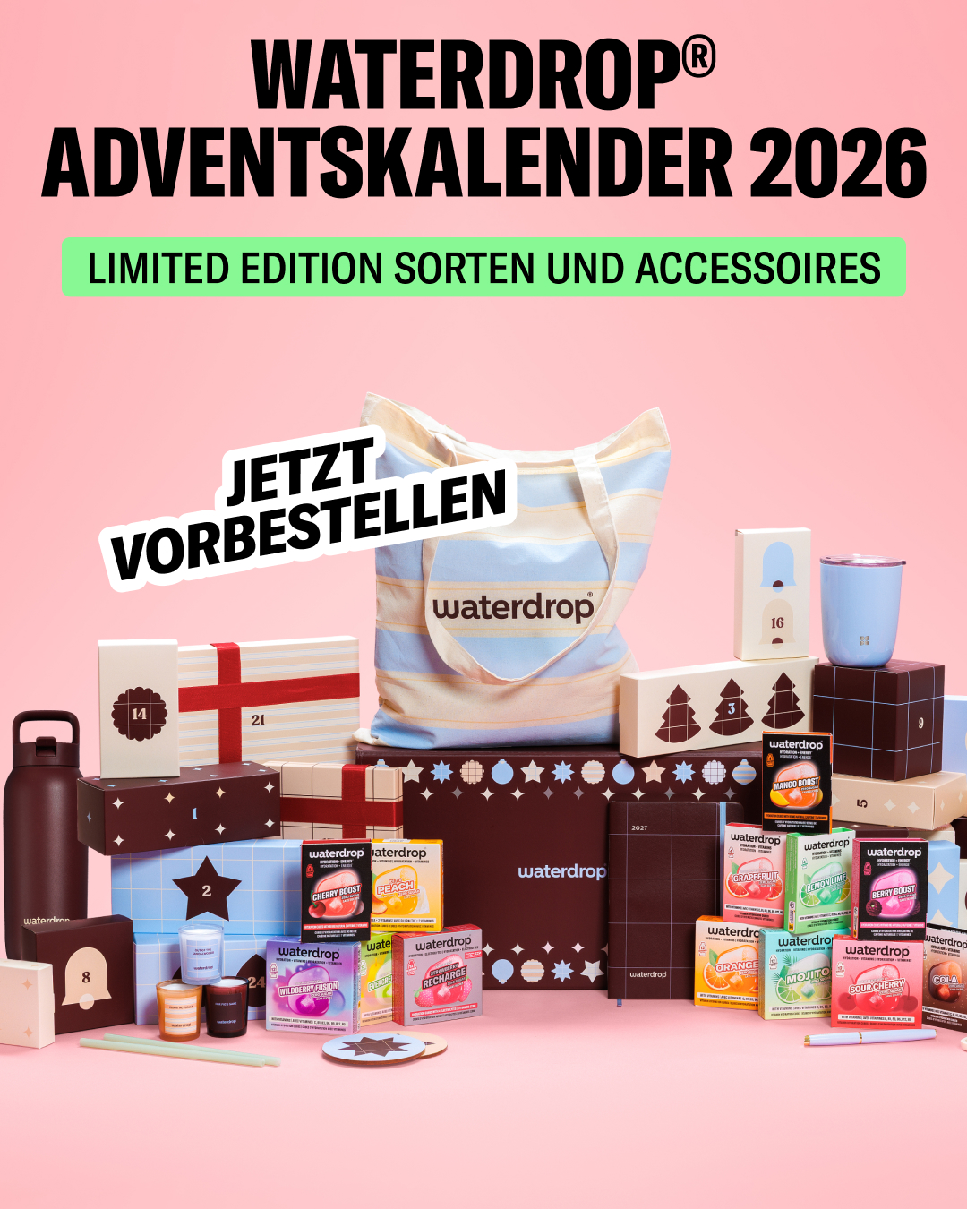 waterdrop Facebook ad: 24 Türchen voller Überraschungen im Wert von über 250 €.