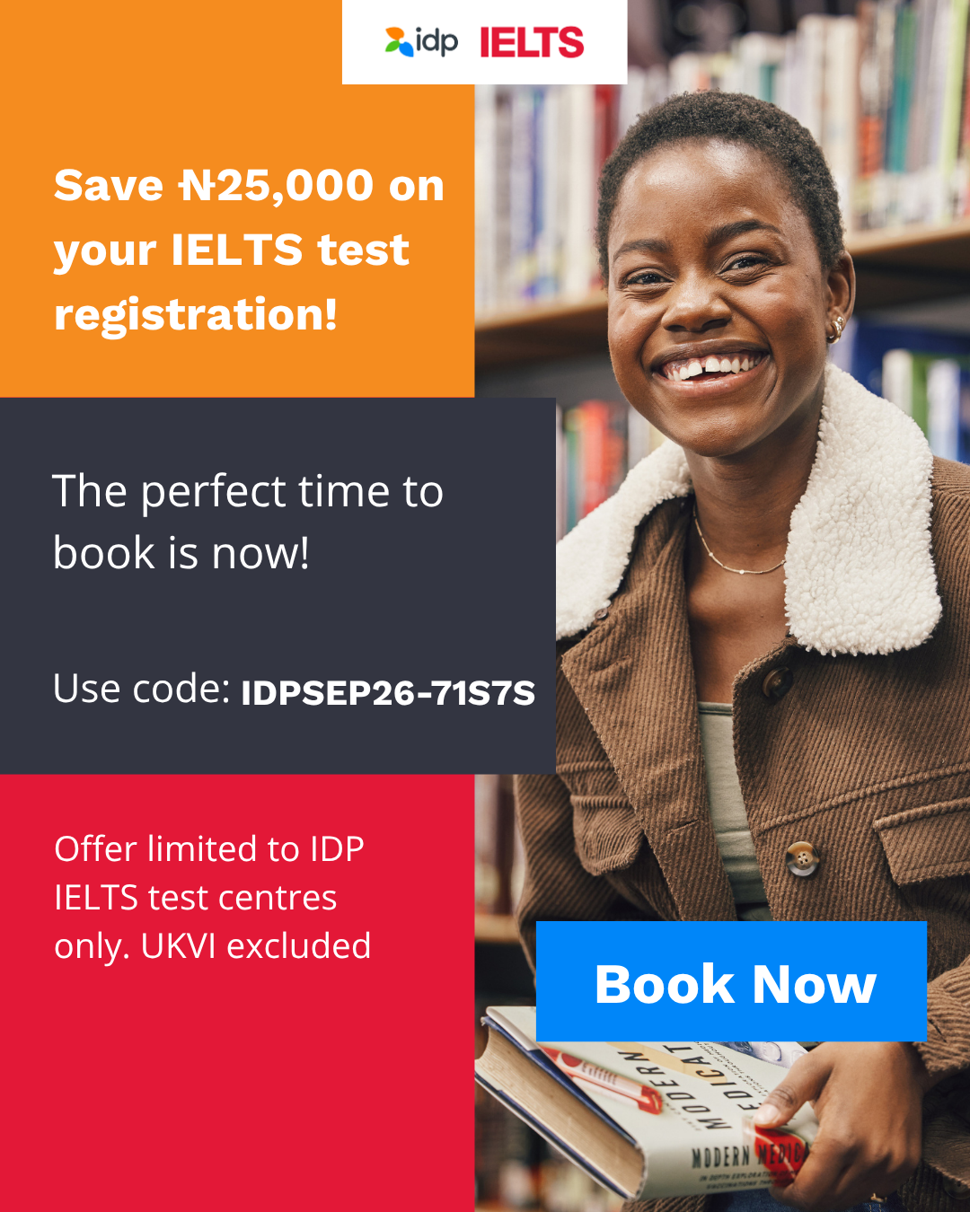 IELTS by IDP Nigeria Facebook ad: Book & Pay Less for IELTS Now