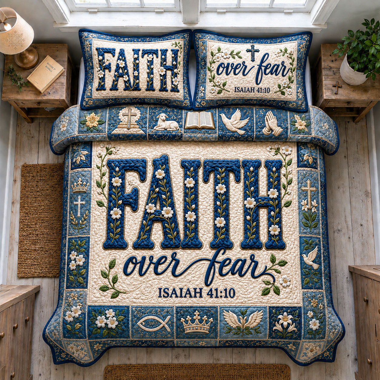 Patches Stitched Harmony Facebook ad: Faith Over Fear Blue Floral 3-Piece Quilted Bedding Set…