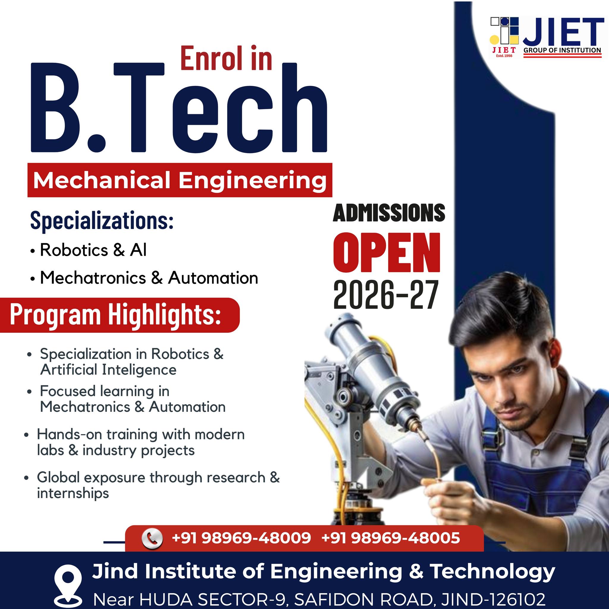 Jind Institute of Engineering & Technology, Estd. 1998 Facebook ad: Admissions Open 2026-27 at JIET Group of Institutions!