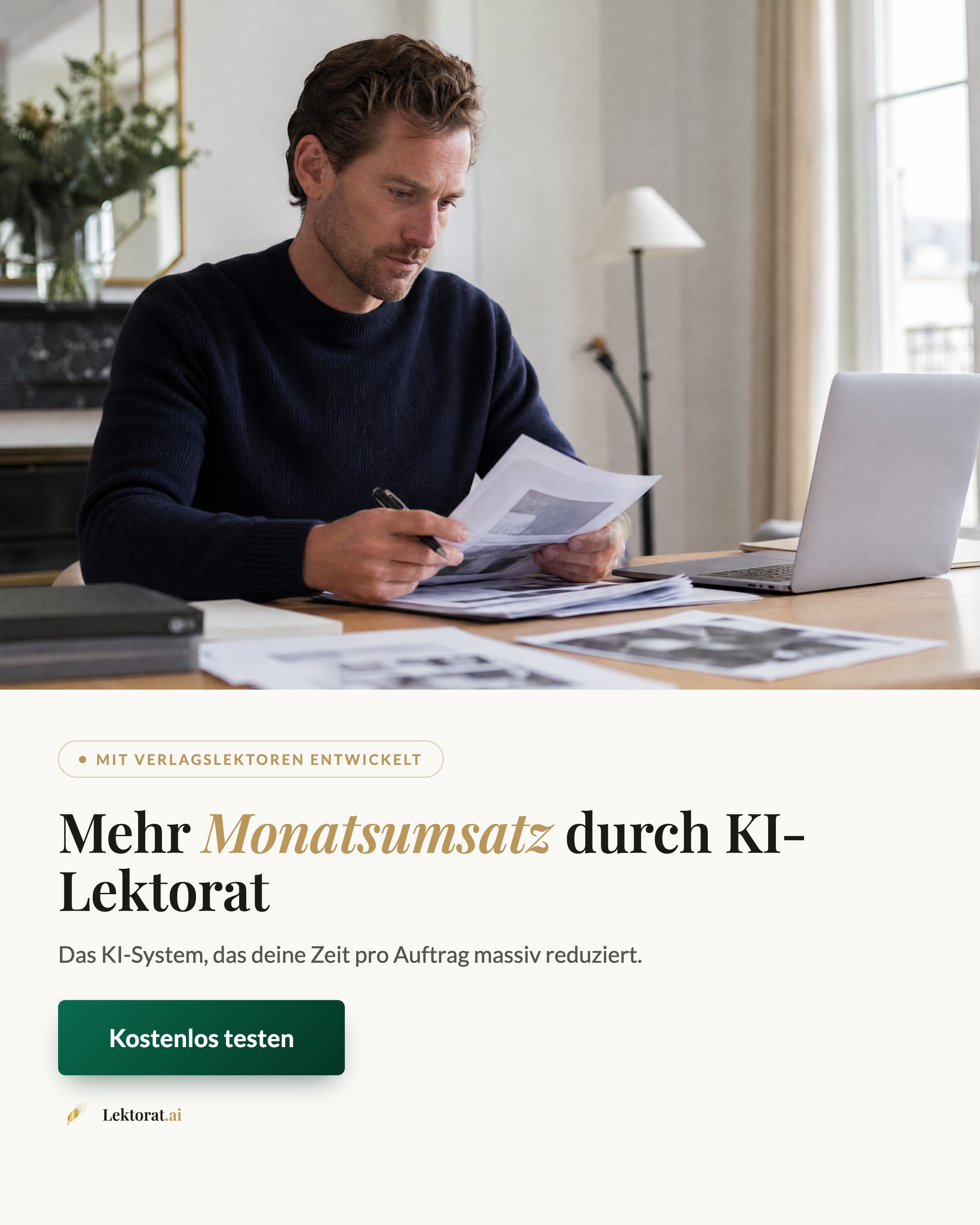Lektorat.ai Facebook ad: Entwickelt mit Verlagslektoren. Jetzt erstmals für dich…