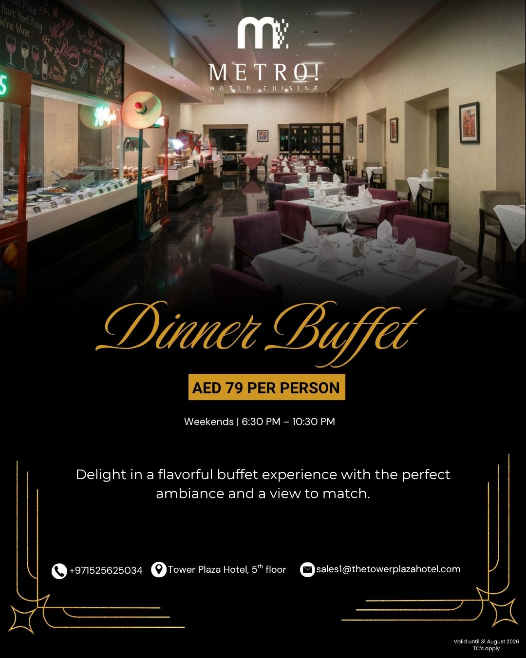 The Tower Plaza Hotel Dubai Facebook ad: Unlimited Dinner Buffet, AED 79