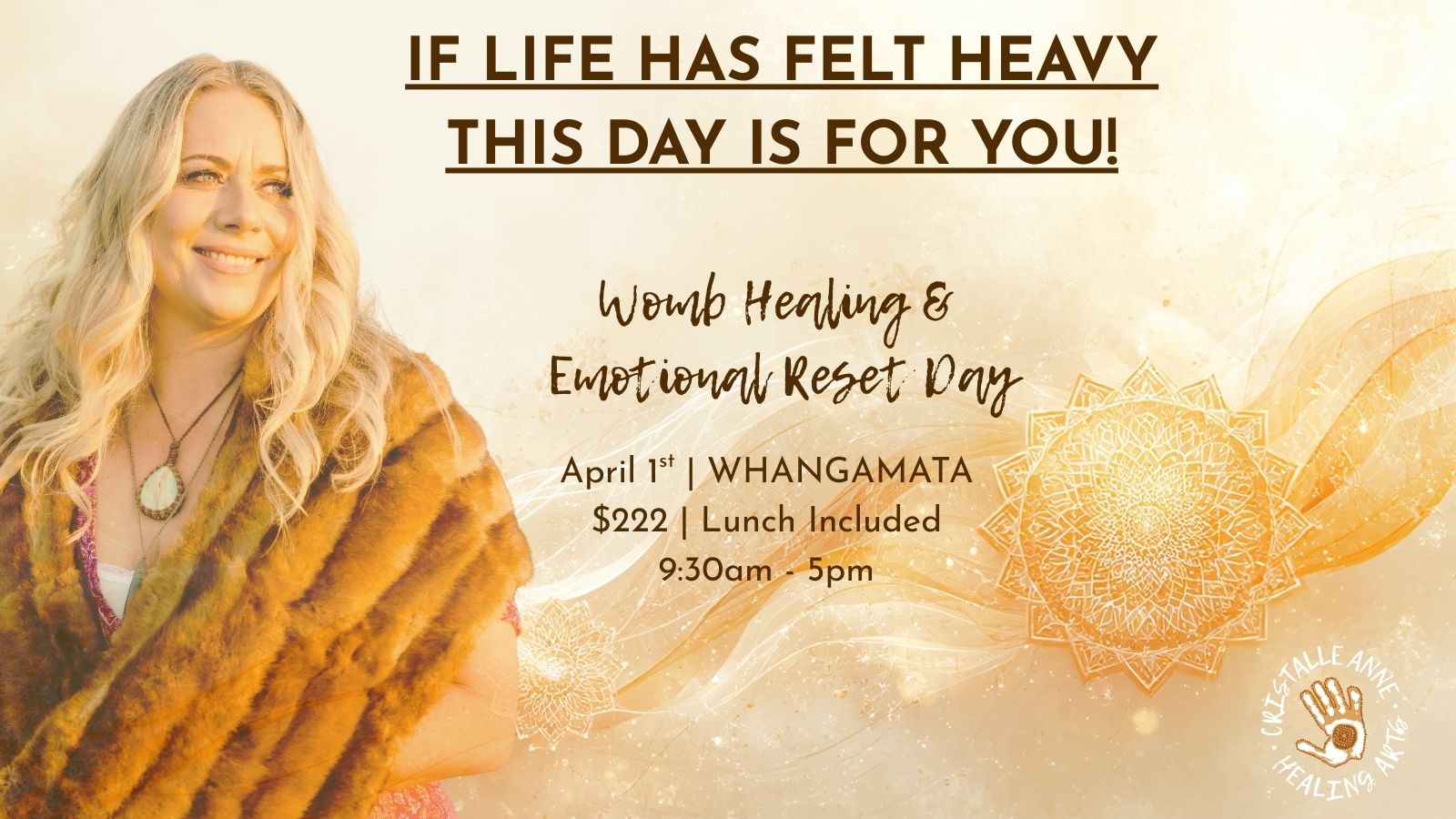 Cristalle Anne Healing Arts Facebook ad: Womb Healing & Emotional Reset Day | WHANGAMATA